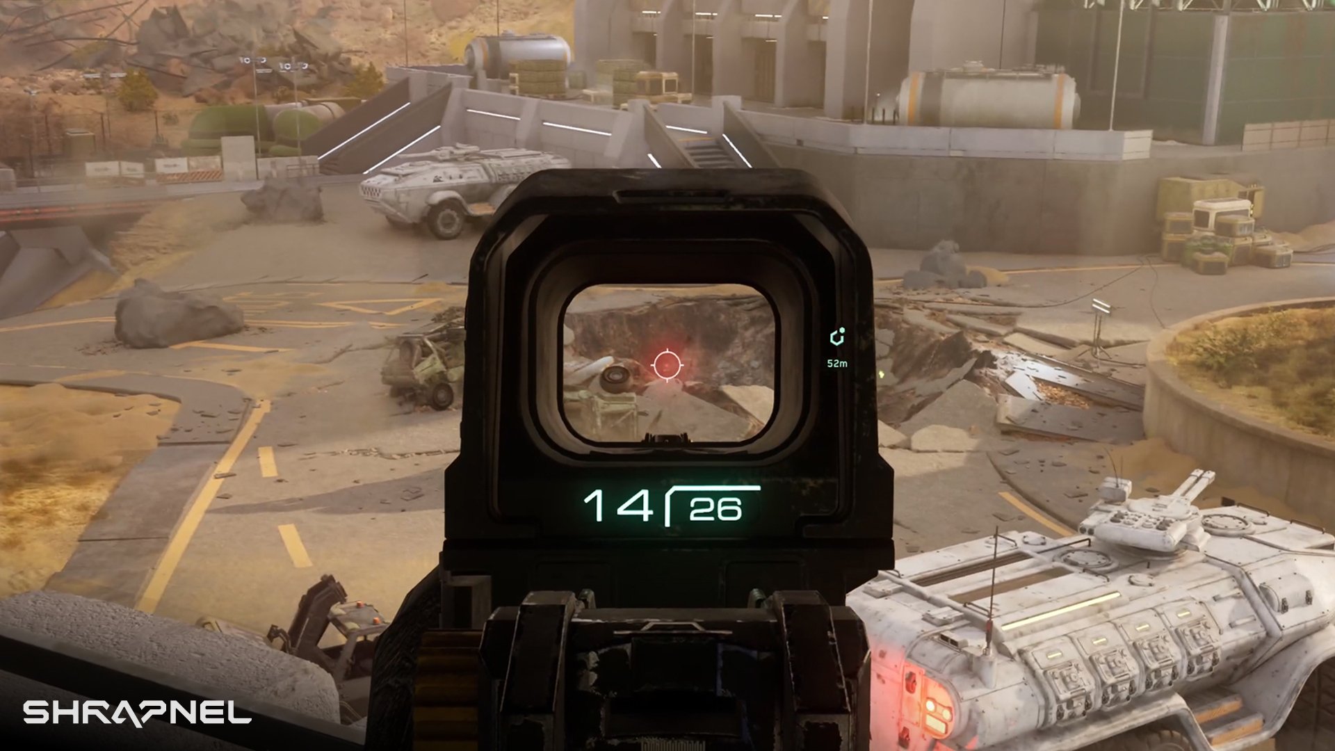 HD desktop wallpaper featuring a first-person view from the video game Shrapnel with an aiming reticle on a desert battlefield scene.