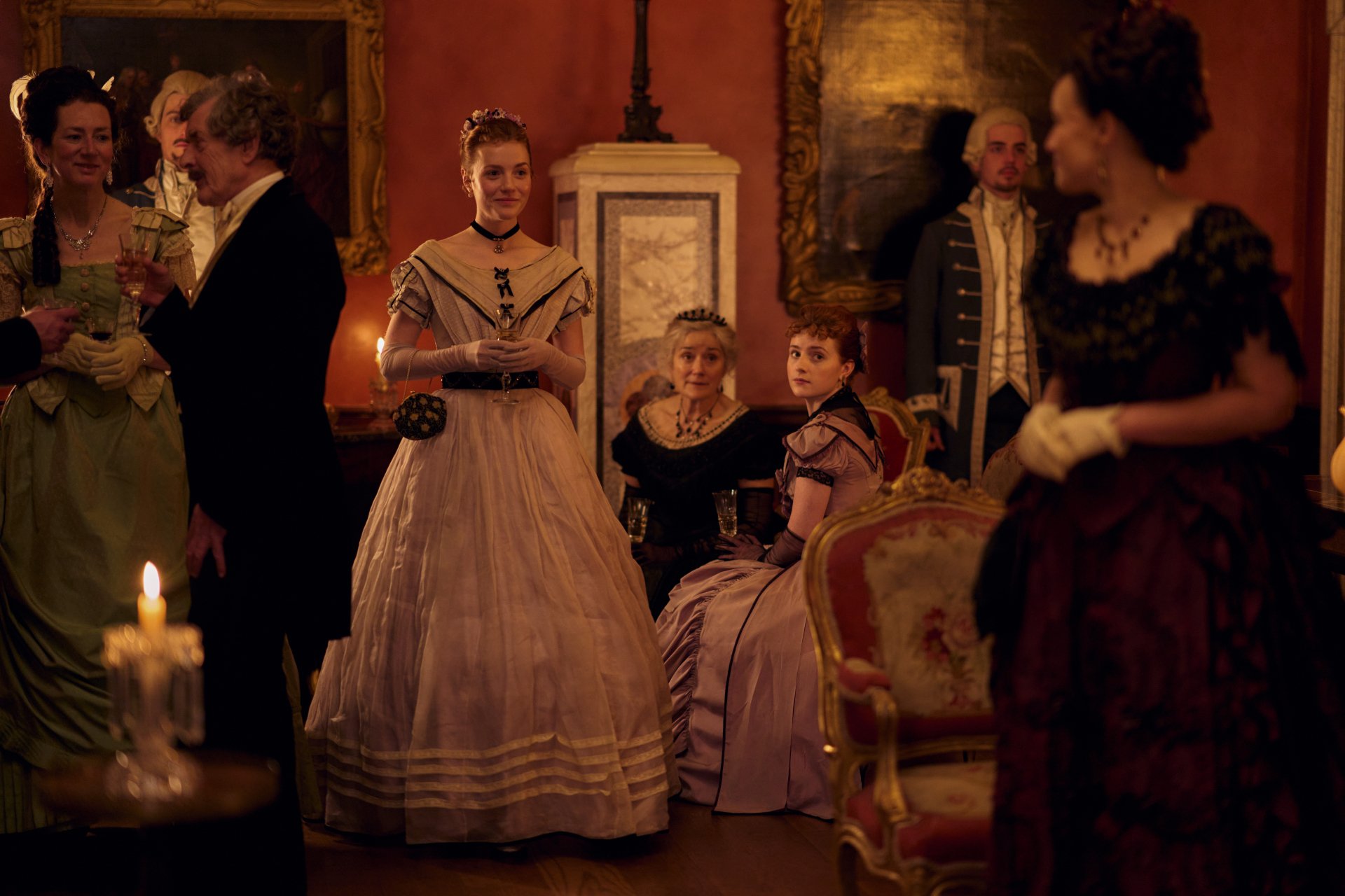 Elegant Victorian-era characters in lavish costumes captured in a still from 'Belgravia: The Next Chapter' for a HD desktop wallpaper and background.