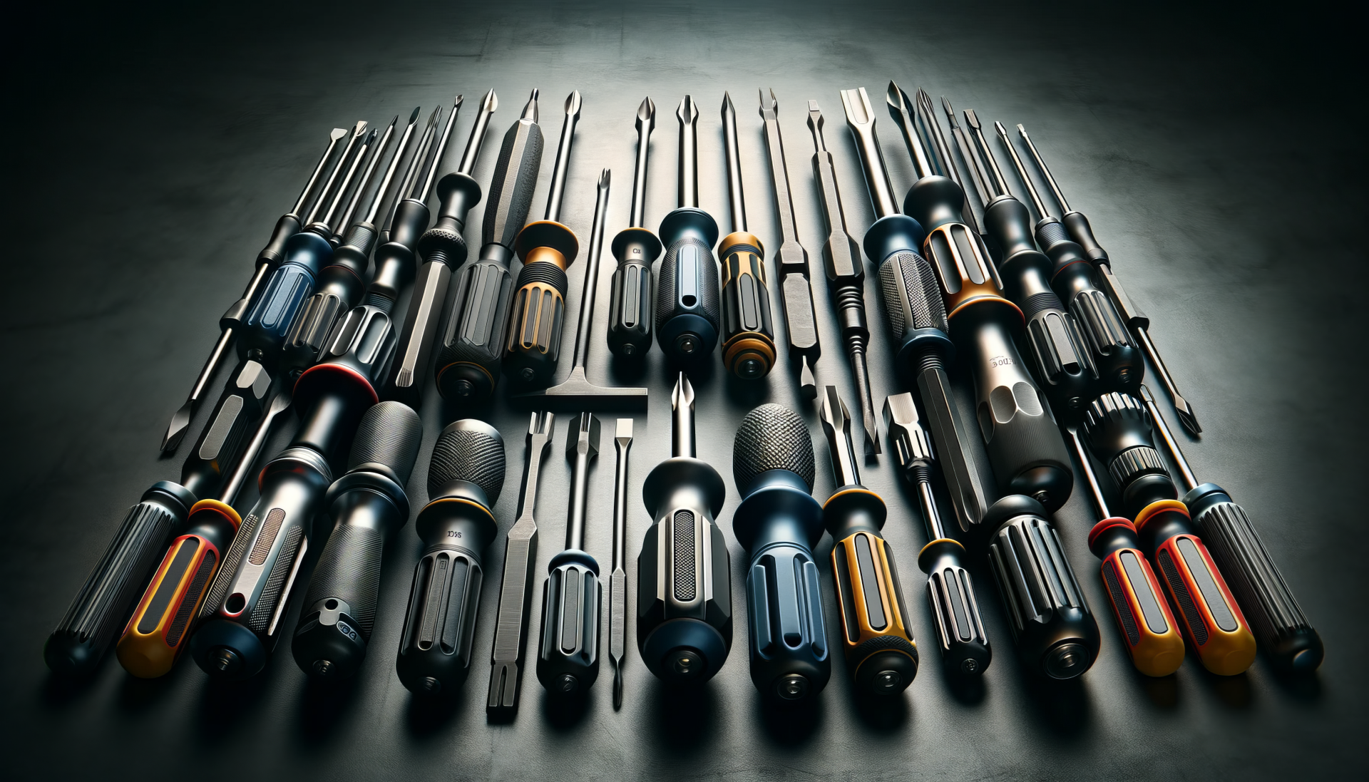 Array of various types of screwdrivers organized neatly on a dark background, suitable as an HD desktop wallpaper for tool enthusiasts.
