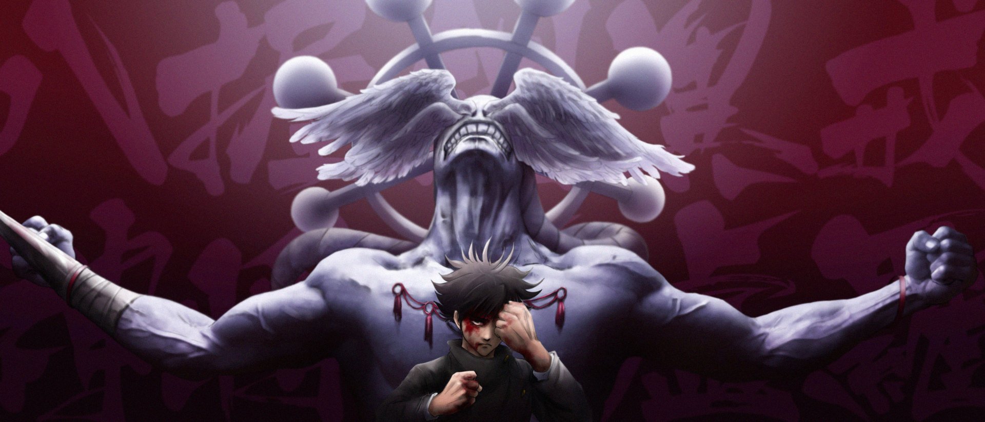 HD anime desktop wallpaper featuring Megumi Fushiguro and his shikigami Mahoraga from Jujutsu Kaisen, showcasing dark, intense tones and dynamic composition.