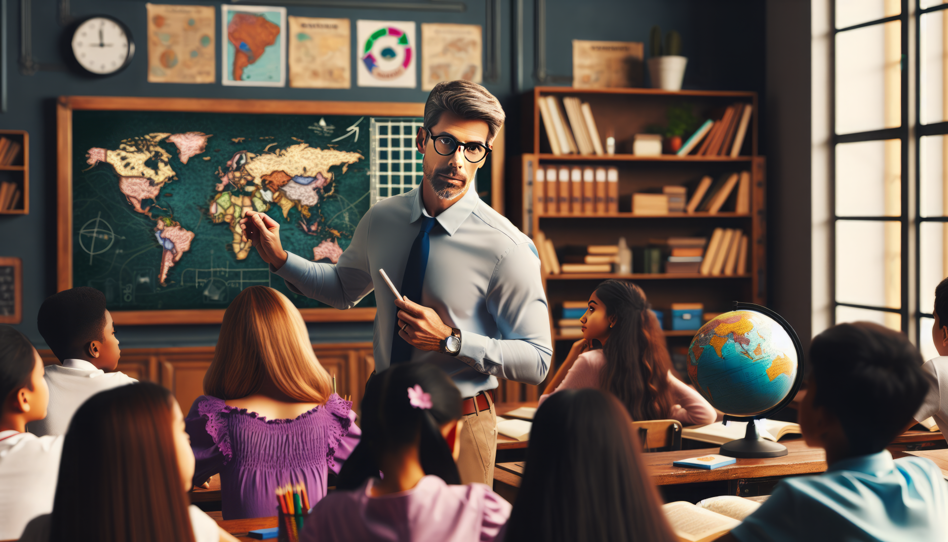 A teacher presents a lesson in a classroom filled with engaged students, featuring a map and a globe, set against a warm, educational backdrop. HD desktop wallpaper.