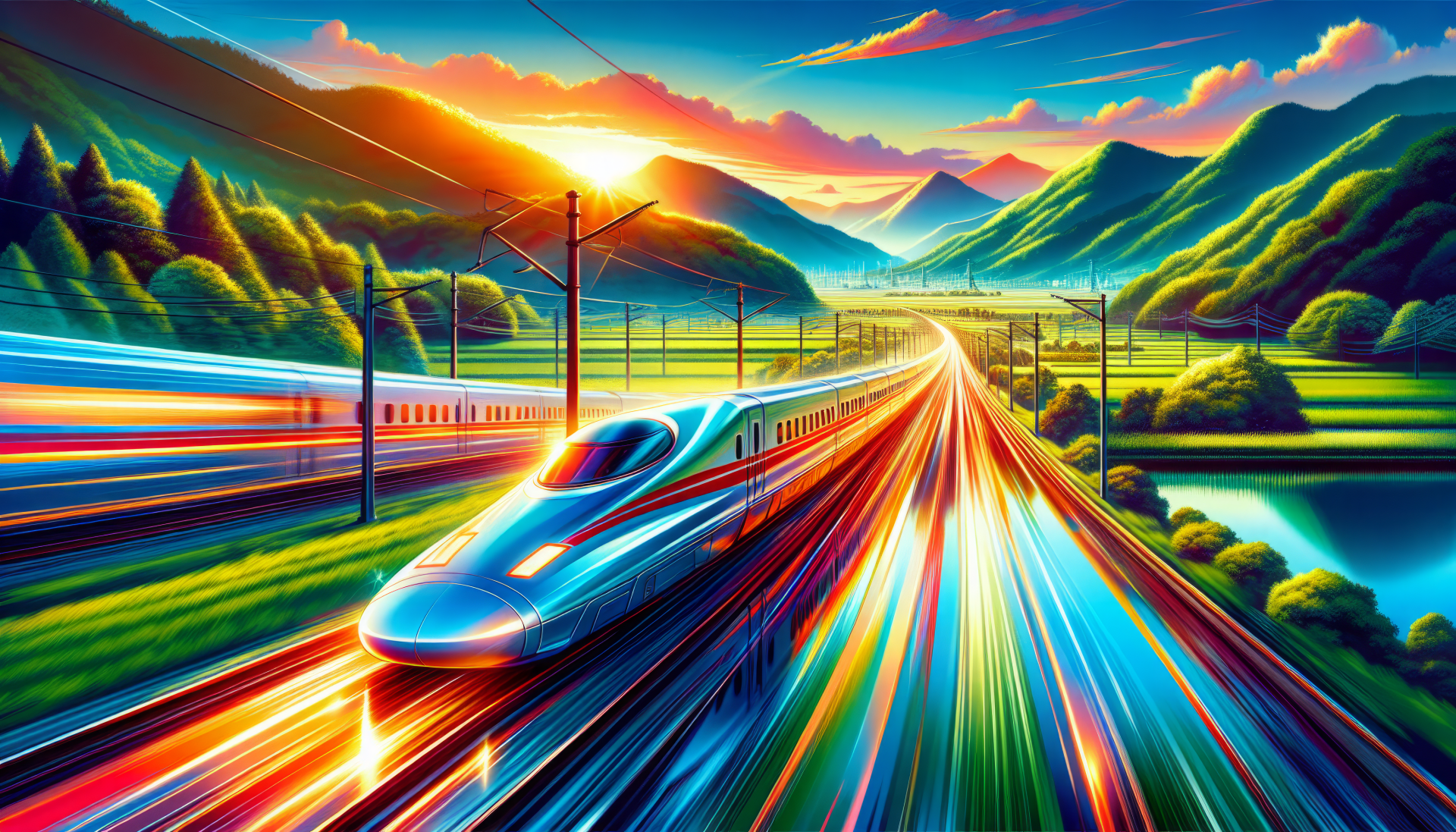 HD Wallpaper of a Bullet Train Speeding Through a Vibrant Countryside at Sunset with Light Streaks and Scenic Mountain Backdrop