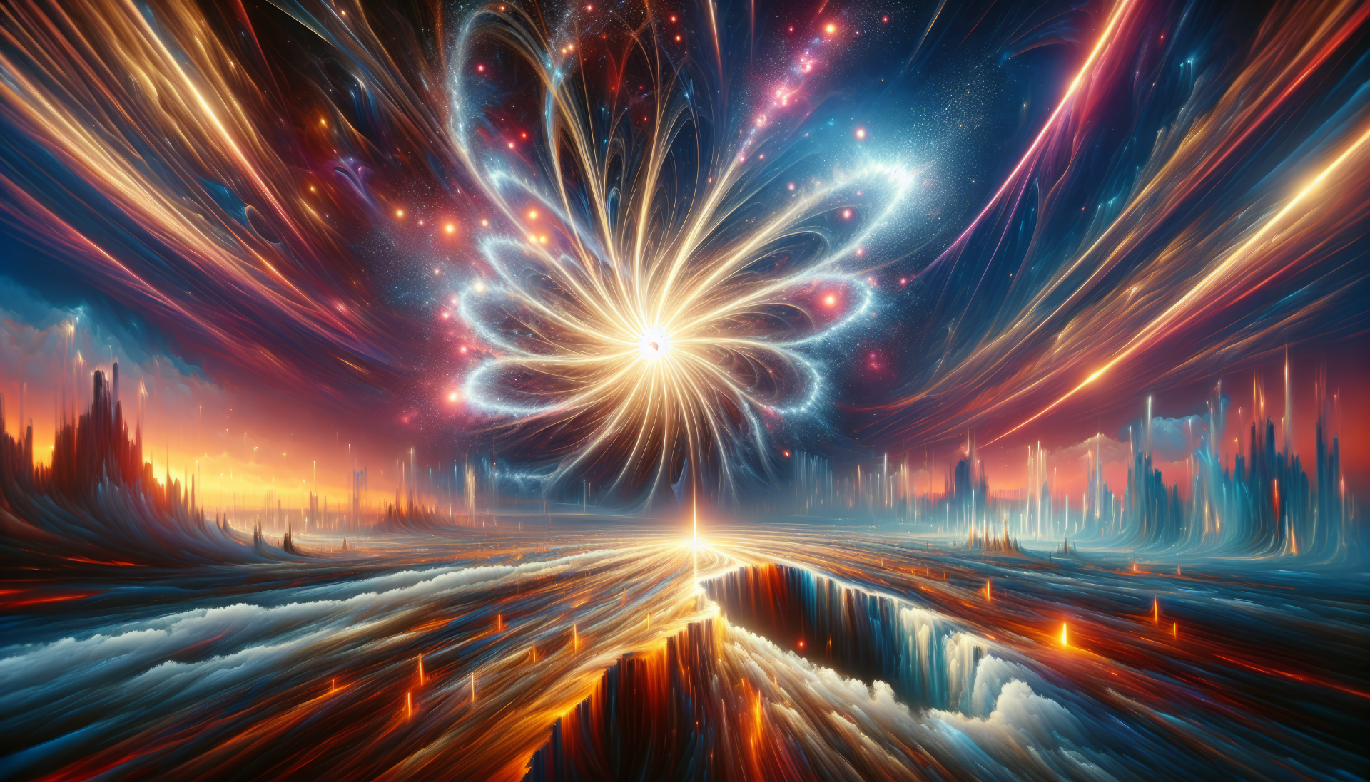 A stunning HD wallpaper featuring a vibrant quasar, with radiant beams of light bursting across a cosmic landscape of swirling colors and dramatic formations.