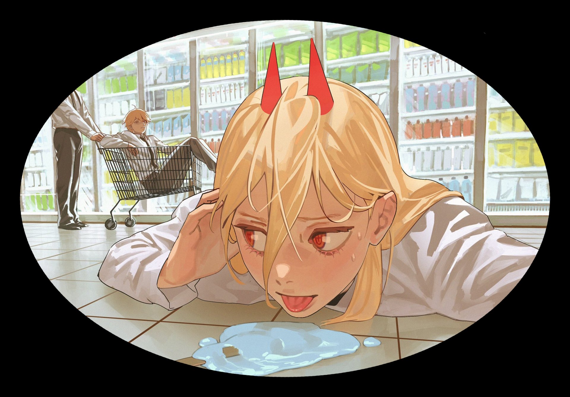 HD Chainsaw Man desktop wallpaper featuring a close-up of a blonde character with red horns lying on the supermarket floor, playfully sticking out their tongue at a spilled puddle.