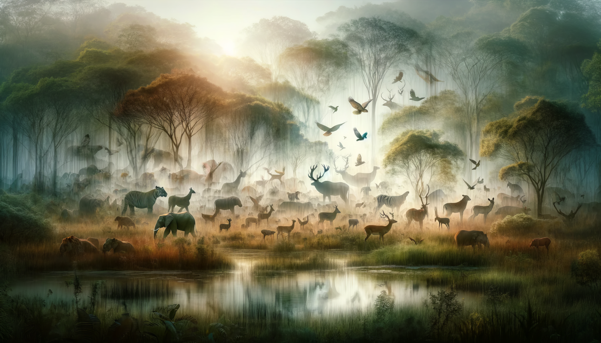 HD wallpaper of a misty wildlife scene with various animals and birds in a serene forest landscape for desktop background.
