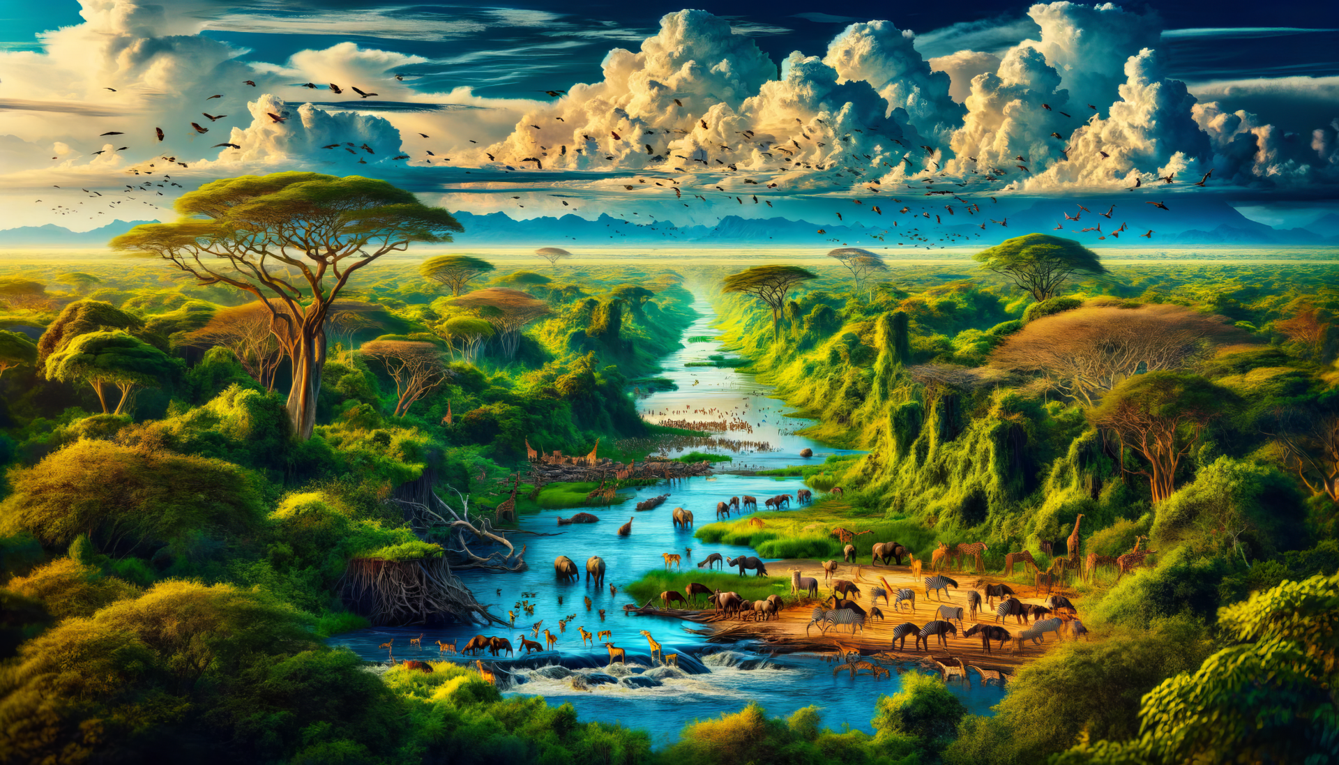 HD wallpaper of a vibrant wildlife scene with a river, trees, and animals in a lush African landscape.