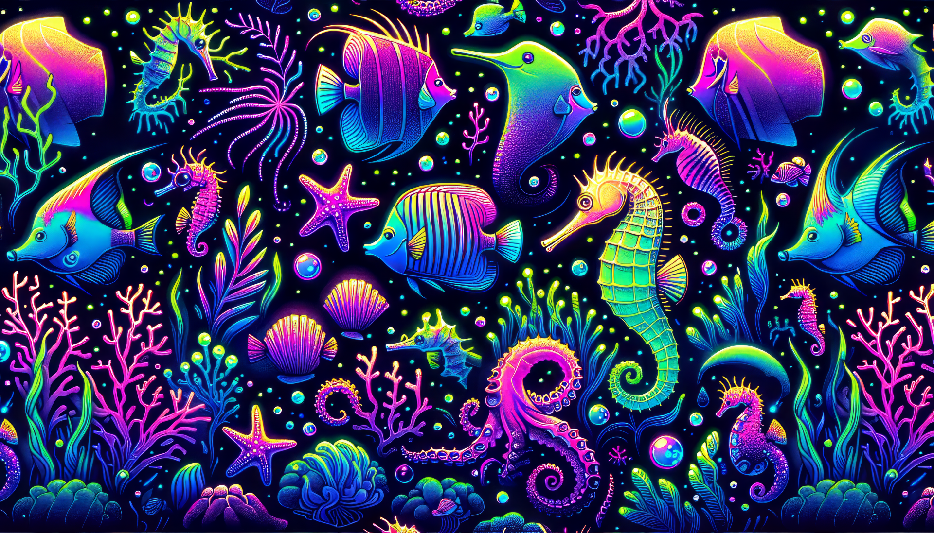 Vibrant HD desktop wallpaper featuring a colorful array of marine life, including fish, seahorses, and corals, set against a dark background bursting with aquatic energy.