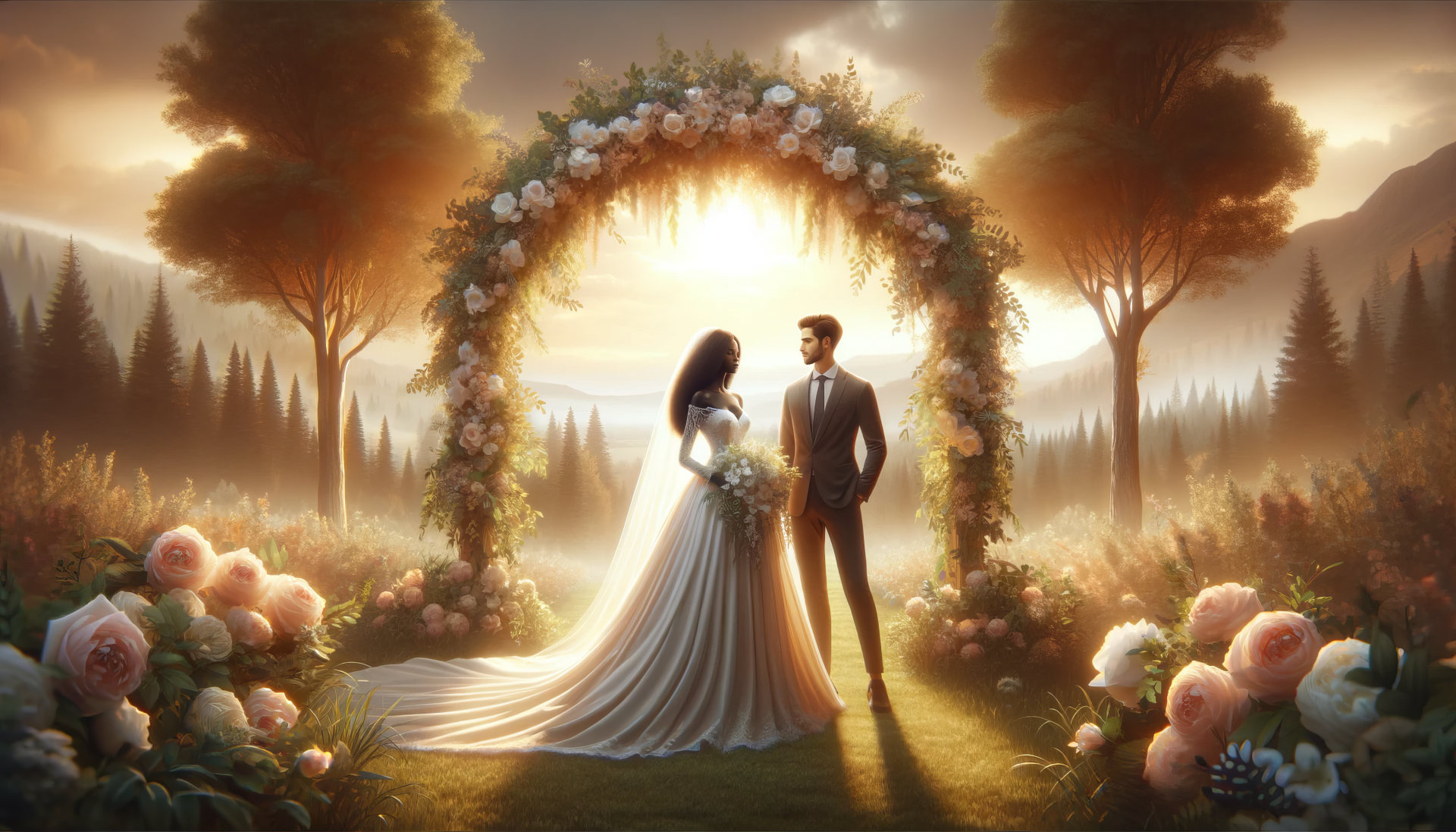 A serene wedding scene featuring a couple under a floral arch, set against a picturesque landscape, making for a beautiful HD desktop wallpaper.