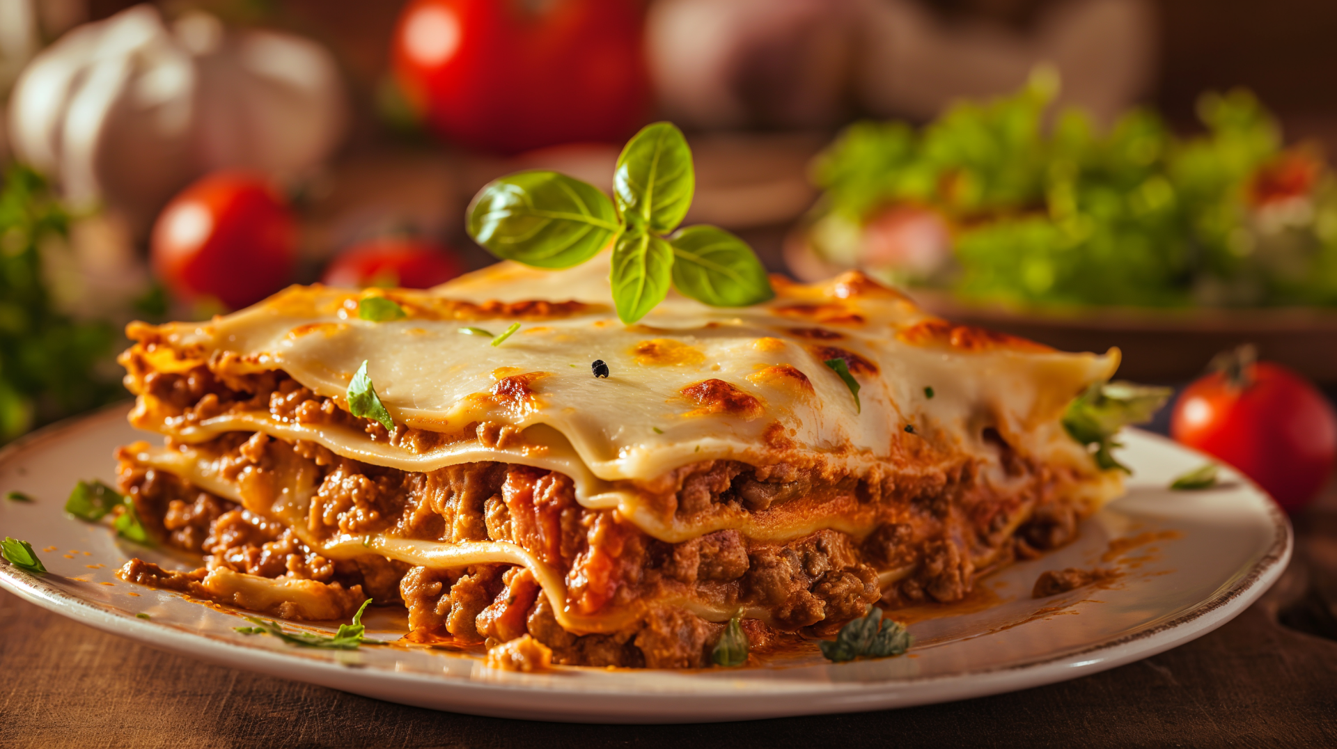 A delicious plate of lasagna, layered with meat and cheese, garnished with fresh basil, set against a blurred background of tomatoes and garlic. A tempting HD desktop wallpaper.
