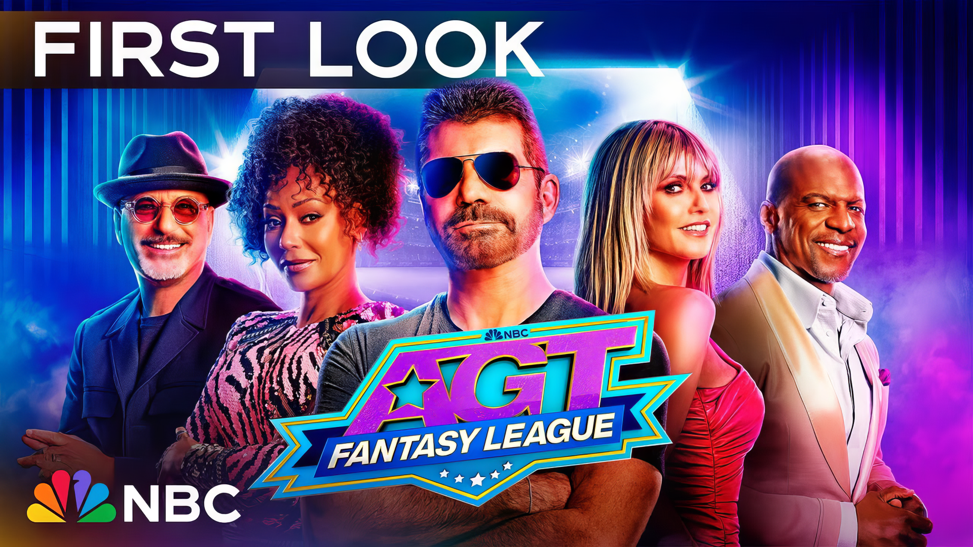 America's Got Talent HD wallpaper featuring show judges and the 'First Look' text with vibrant color background.