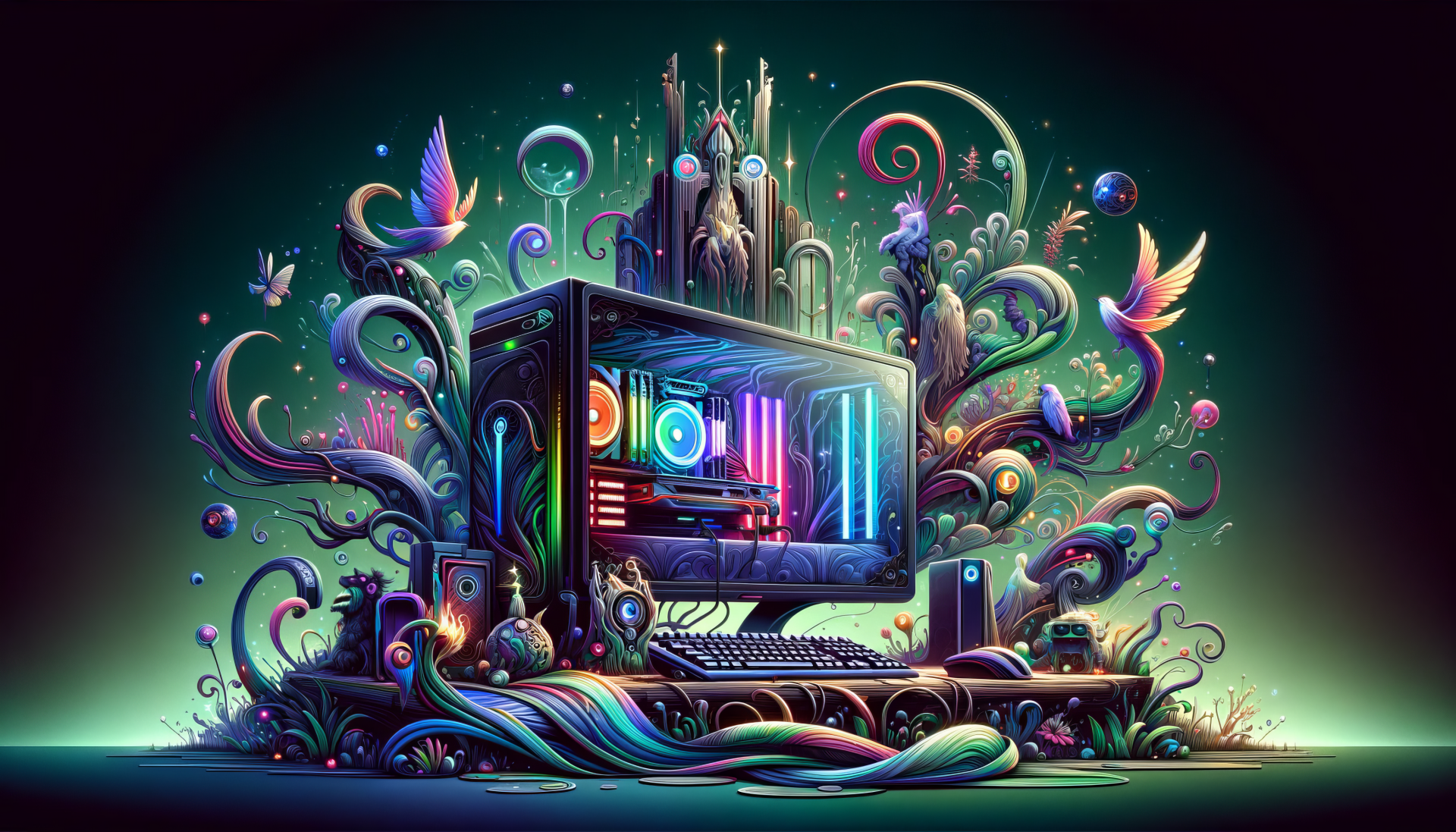 HD desktop wallpaper featuring a vibrant, artistic gaming PC setup with whimsical, colorful fantasy elements surrounding it.