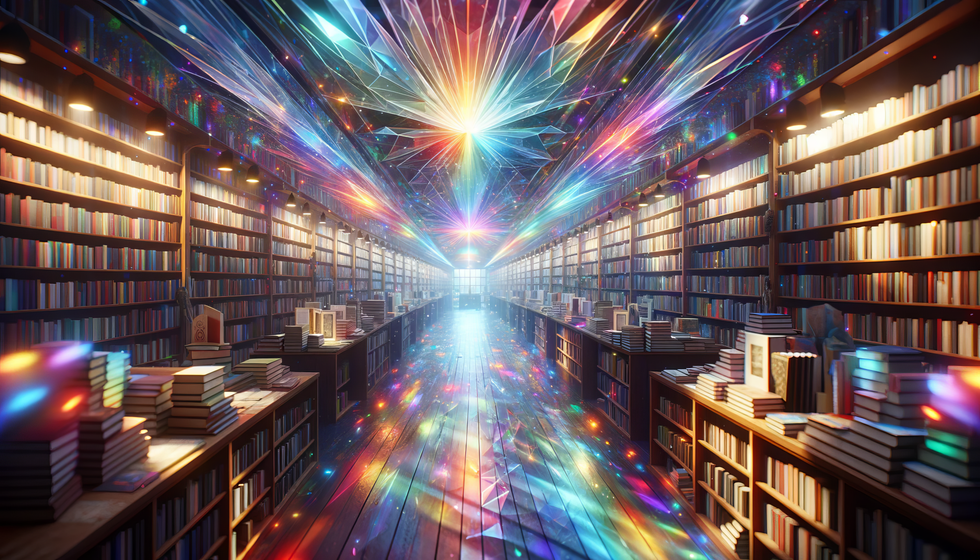 A vibrant, magical bookstore interior with shelves filled with books and colorful, radiant light effects creating a stunning HD wallpaper and background.