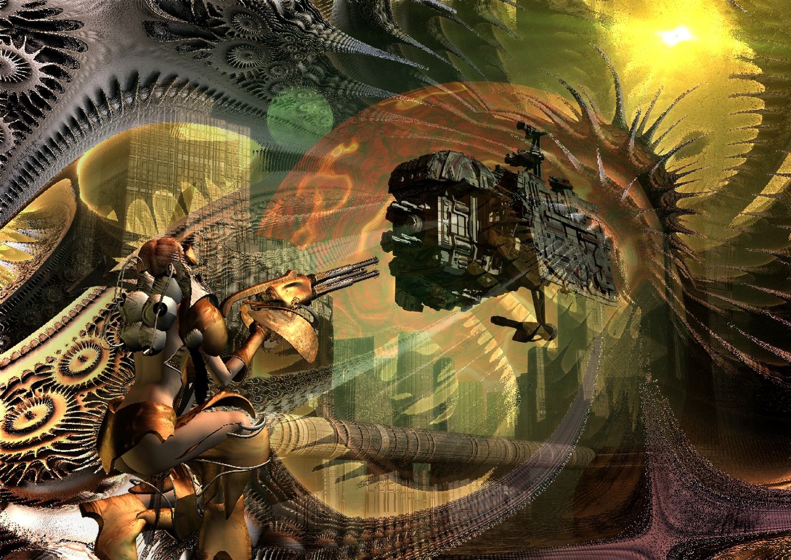 HD Sci-Fi PC desktop wallpaper featuring a futuristic warrior aiming at a hovering spaceship, set against an intricate, abstract, and artistic background.