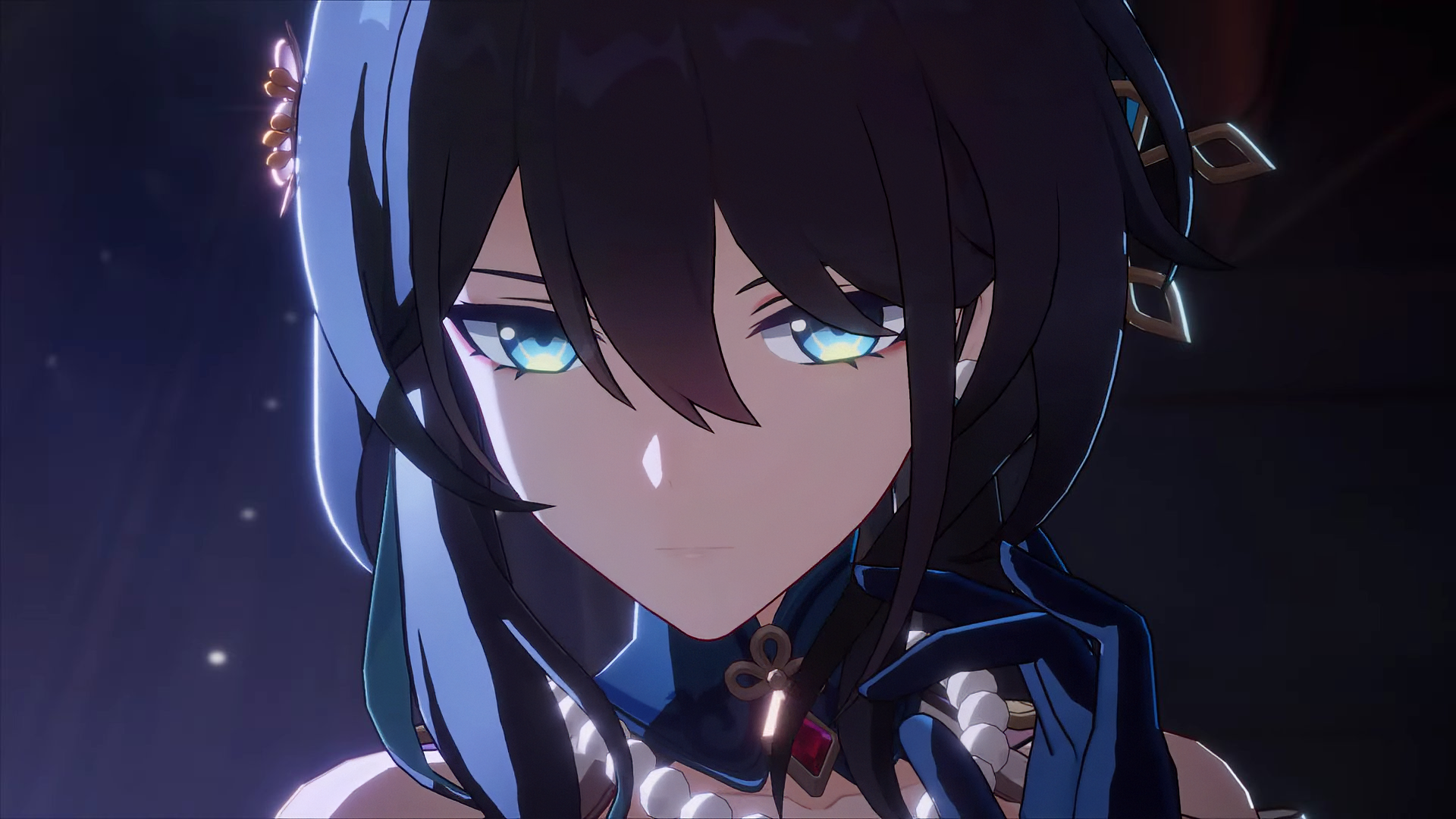 HD desktop wallpaper featuring Ruan Mei from Honkai: Star Rail with a close-up of her captivating blue eyes and dark hair with blue highlights.