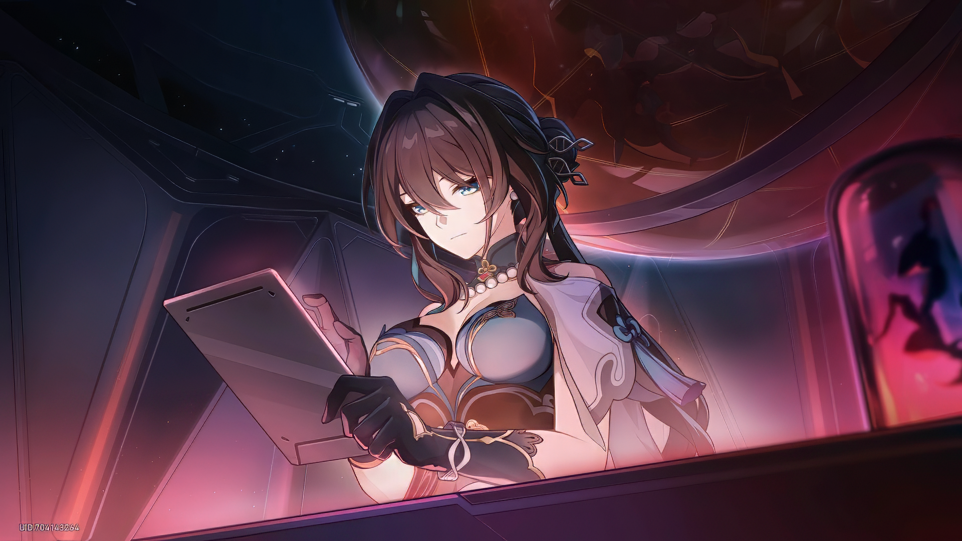 HD wallpaper featuring Ruan Mei from the video game Honkai: Star Rail, set against a dynamic, sci-fi inspired background.