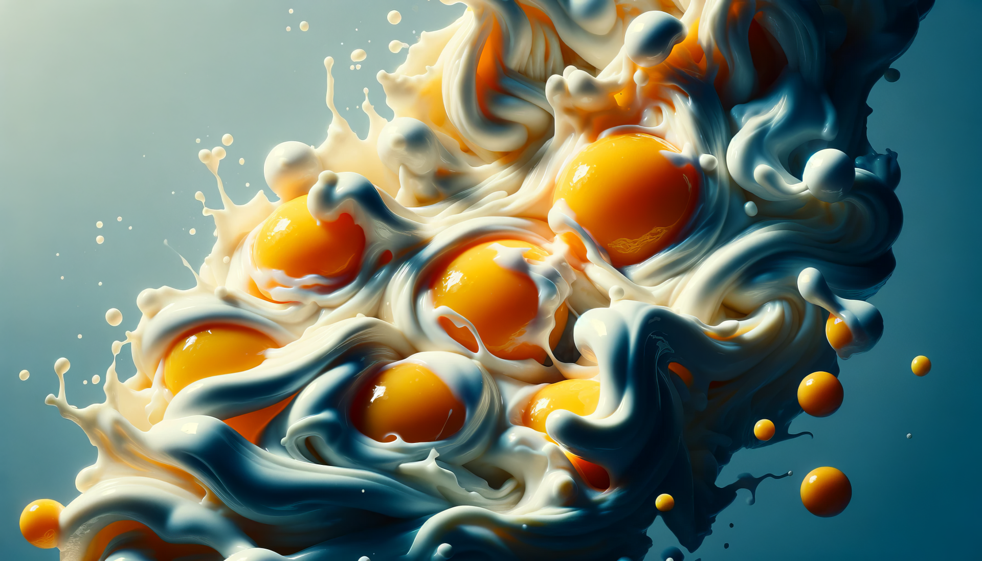 A vibrant HD desktop wallpaper featuring a dynamic swirl of creamy whites and bright yellow yolks, capturing the essence of eggs in an artistic and lively composition.