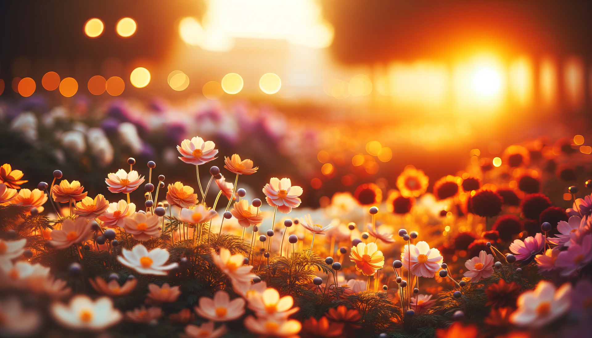 HD wallpaper of a vibrant flower garden at sunset with a warm glow illuminating the flower bed.