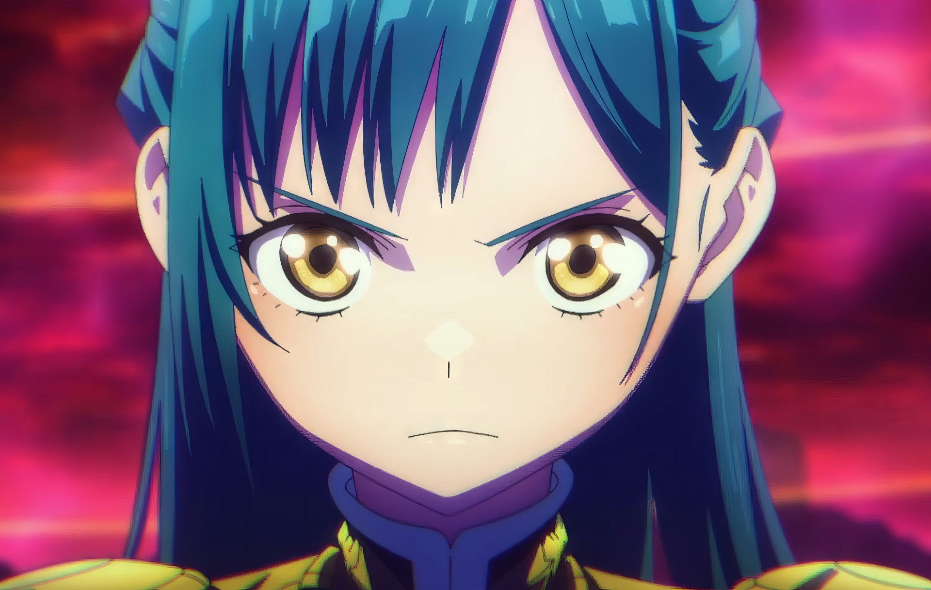 HD wallpaper of Himari Azuma, the chained soldier character from an anime, with intense eyes against a vibrant pink background.