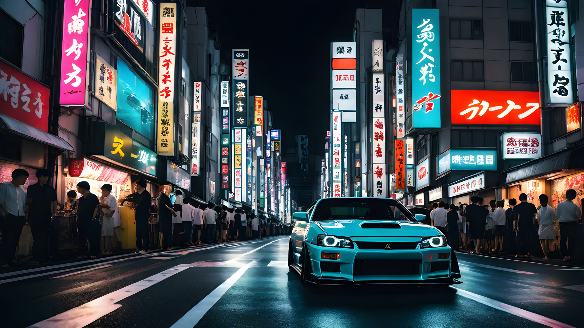 Nissan Skyline GT-R R34 parked on a bustling Japan street at night, illuminated by vibrant JDM neon signs, captured in stunning 4K Ultra HD for a dynamic desktop background.