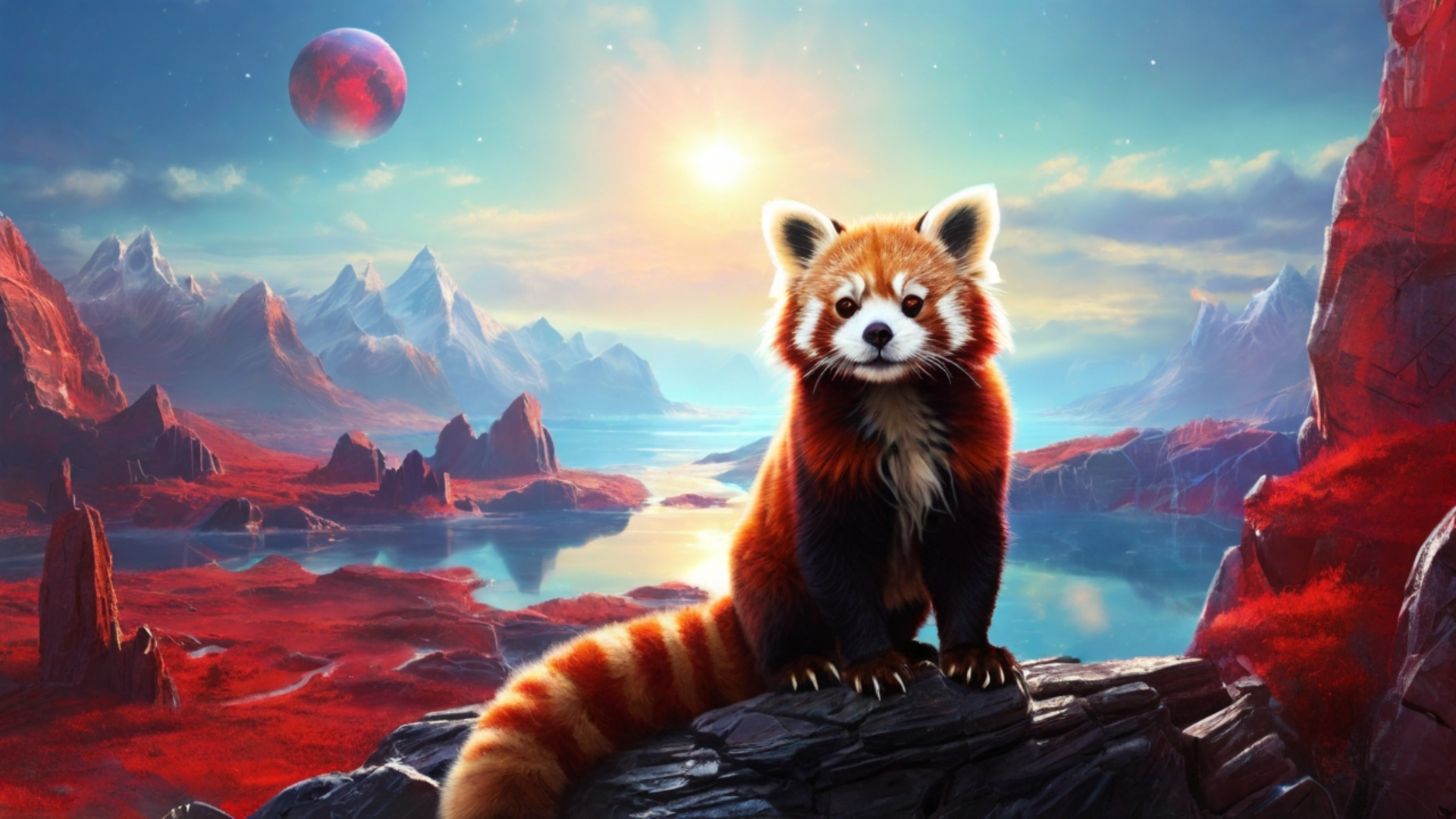 HD desktop wallpaper of a red panda perched on a rock overlooking a lake with mountains at sunset under a vibrant sky and a distant red planet.