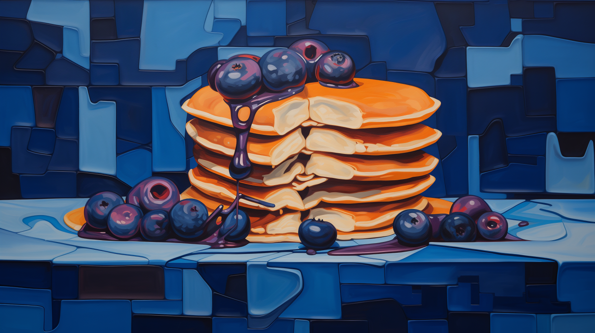 High-definition desktop wallpaper featuring a stack of blueberry pancakes with fresh blueberries and syrup.