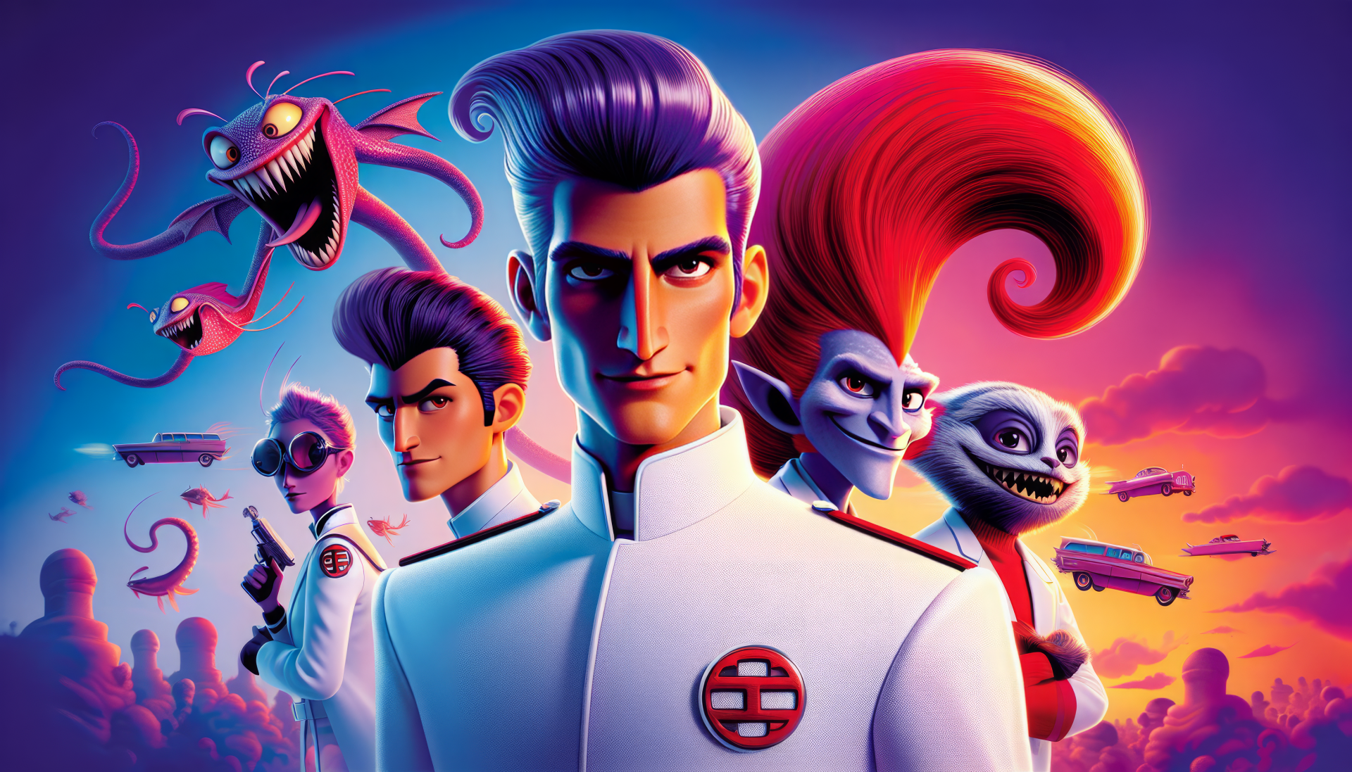 HD desktop wallpaper featuring animated characters in stylish white uniforms against a vibrant purple and blue backdrop.