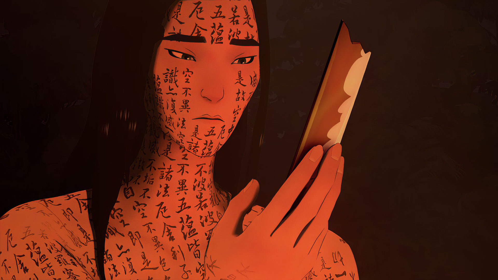 Anime illustration of a blue-eyed samurai with characters written on the skin, contemplating a torn paper, set against a dark background - HD desktop wallpaper.