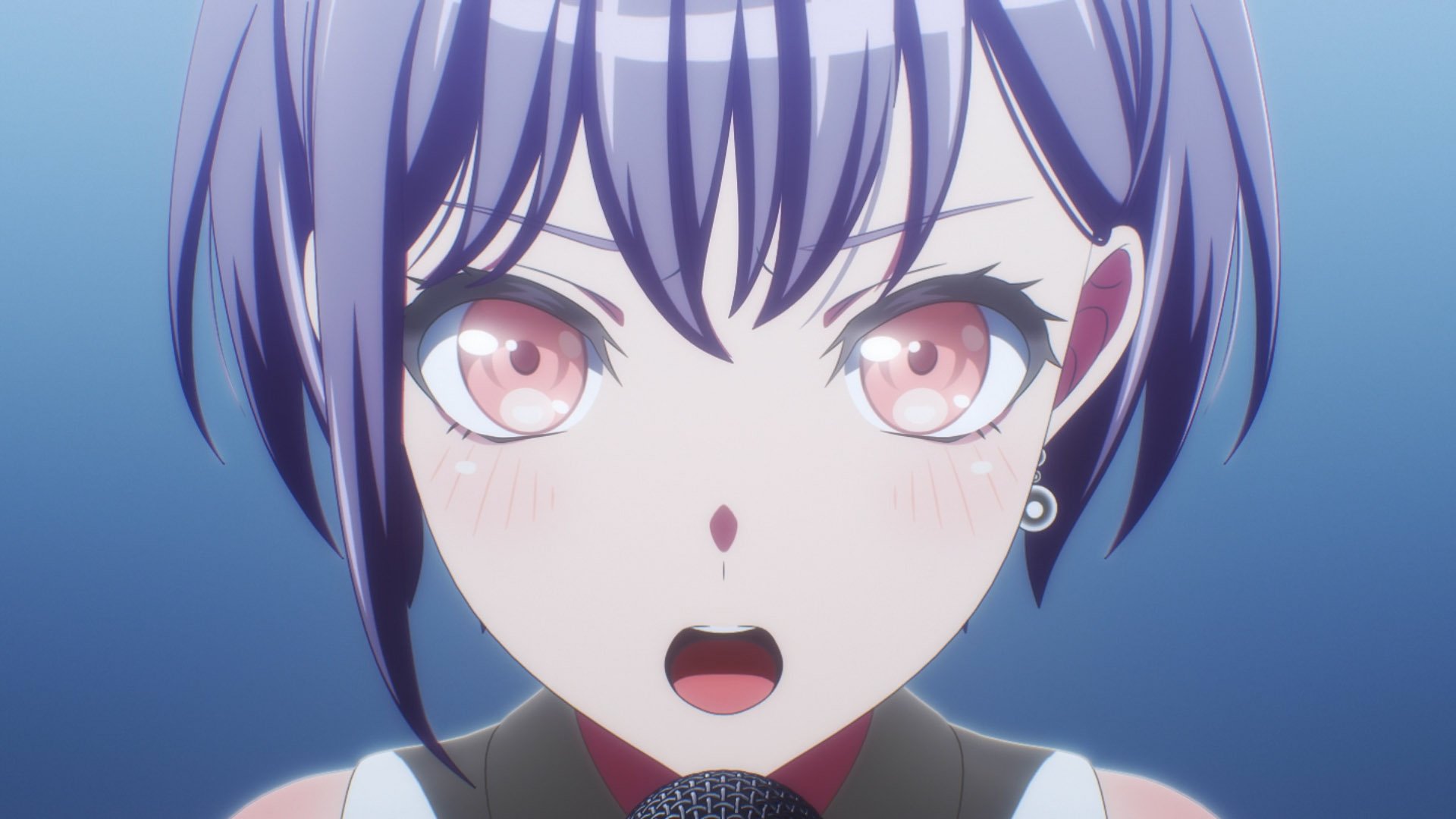 HD wallpaper of a BanG Dream It's MyGO!!!!! anime character with purple hair singing into a microphone with an emotional expression.