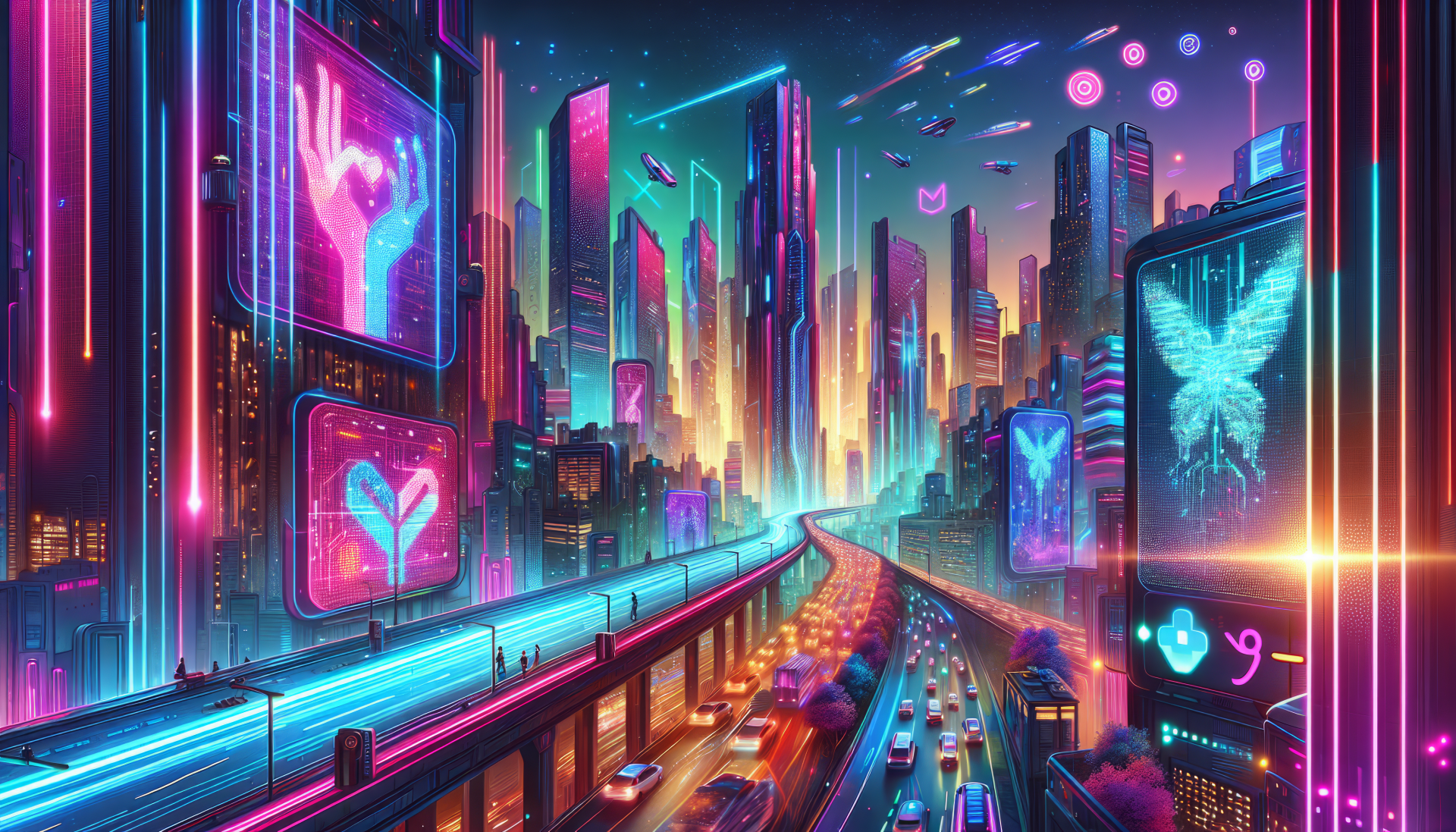 HD wallpaper featuring a vibrant cyberpunk cityscape with neon lights and futuristic buildings.
