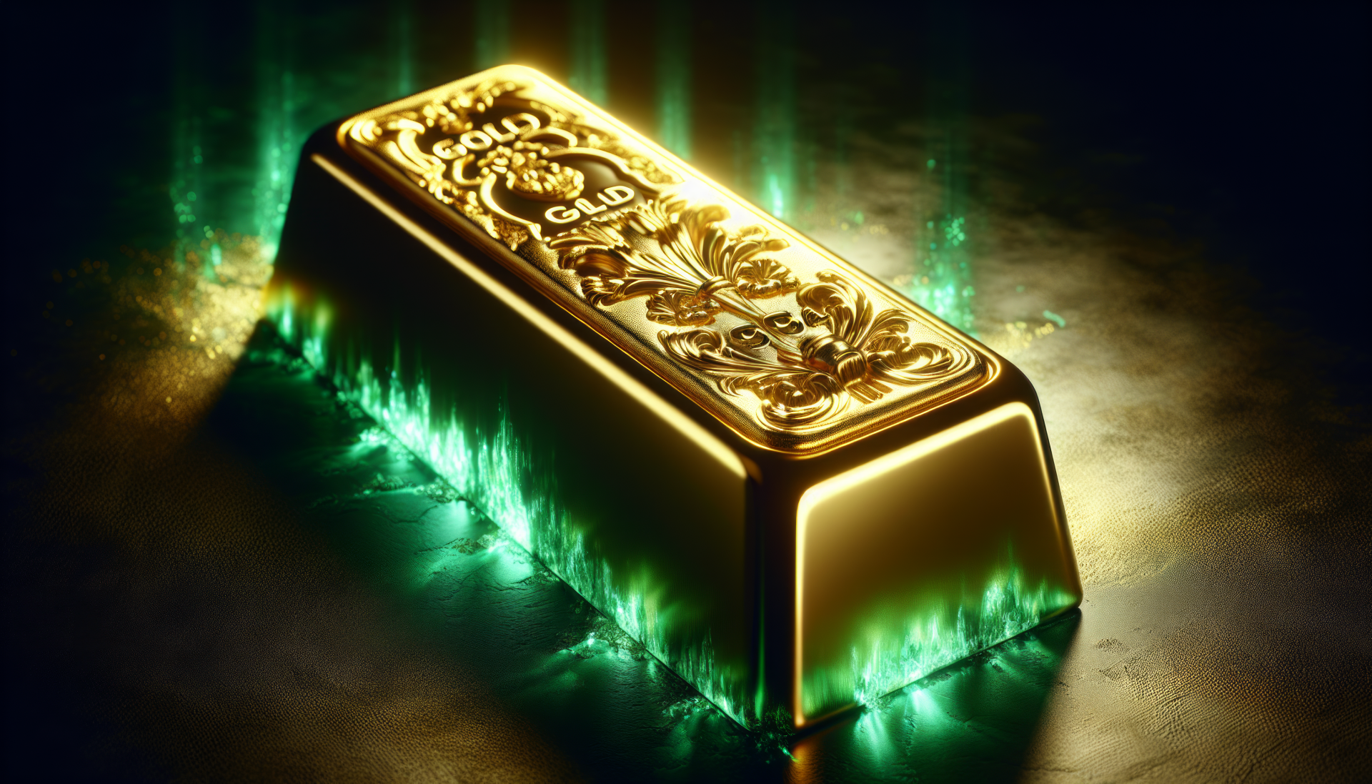HD desktop wallpaper featuring a single gold bar with intricate embossing, illuminated by a mysterious green light on a dark background.