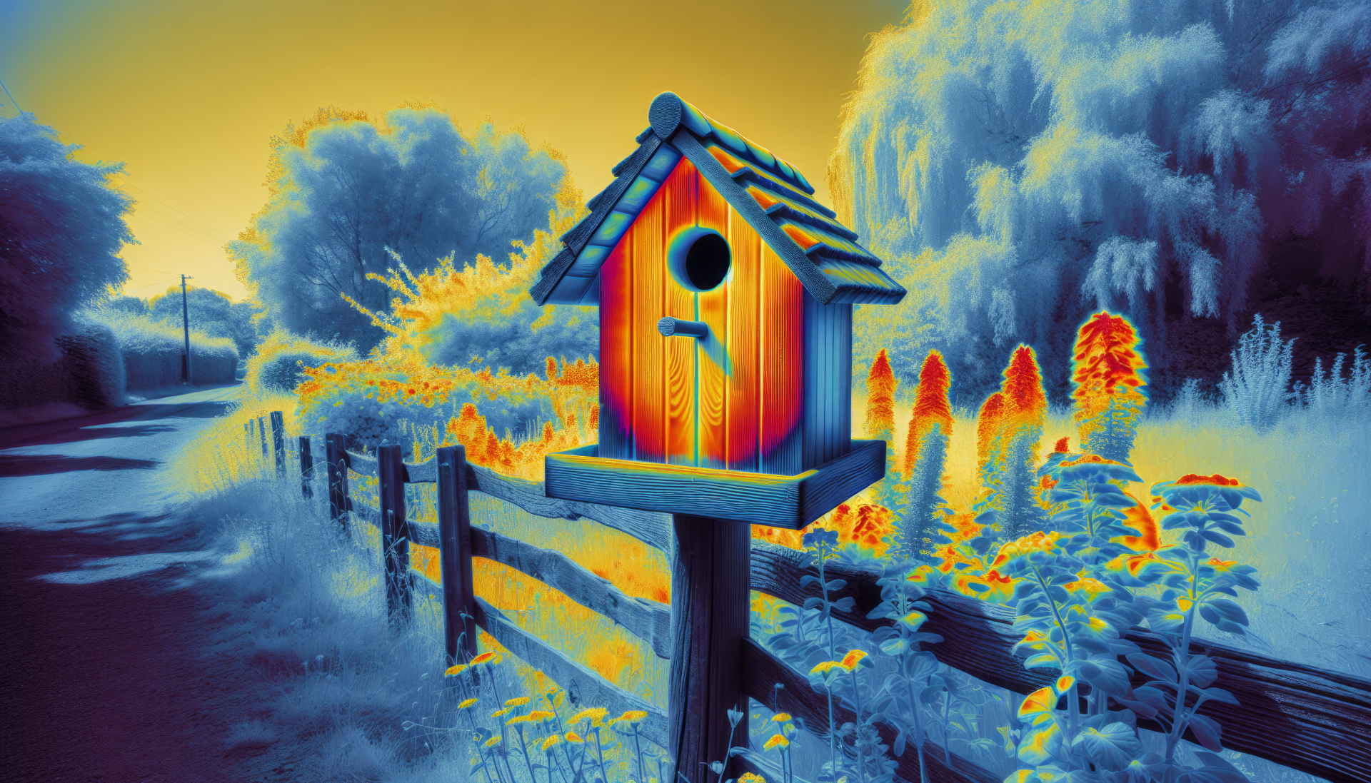 Color-inverted HD wallpaper featuring a birdhouse on a wooden fence amidst a surreal garden path.