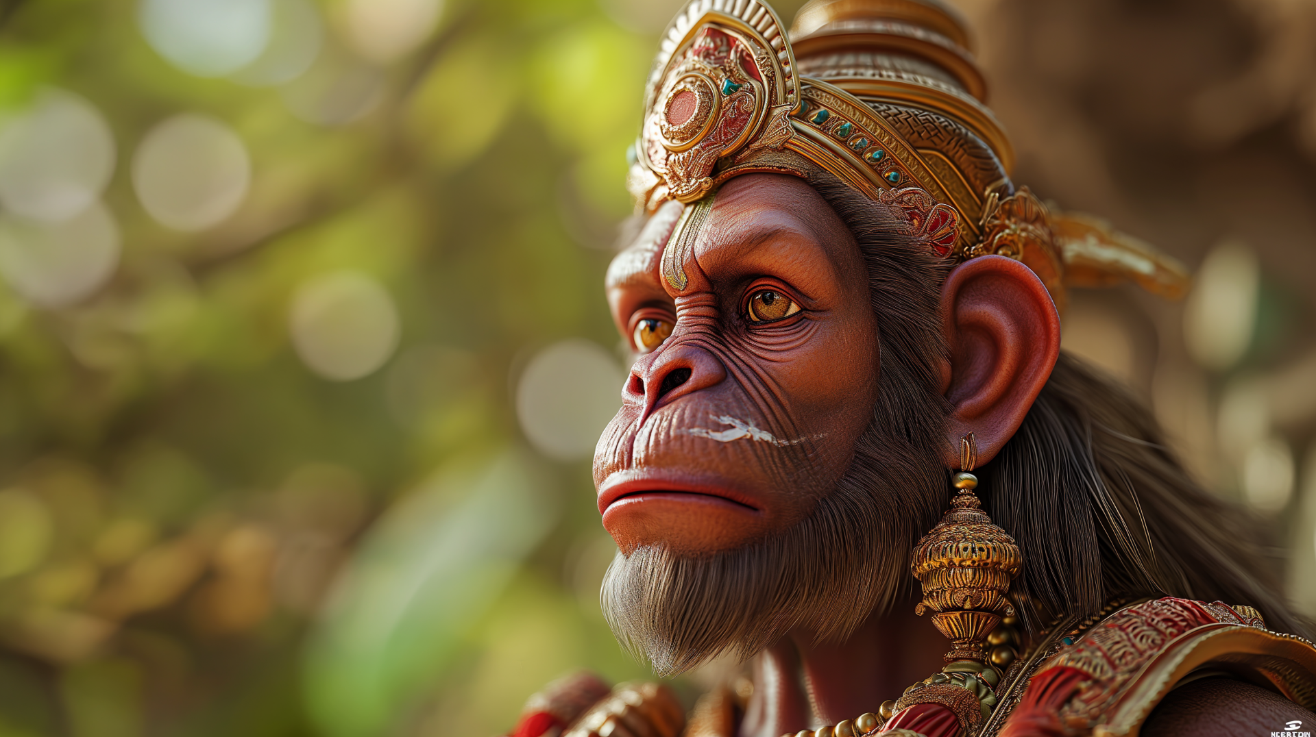 HD desktop wallpaper featuring a detailed illustration of Lord Hanuman with traditional headgear and jewelry, set against a blurred natural background.