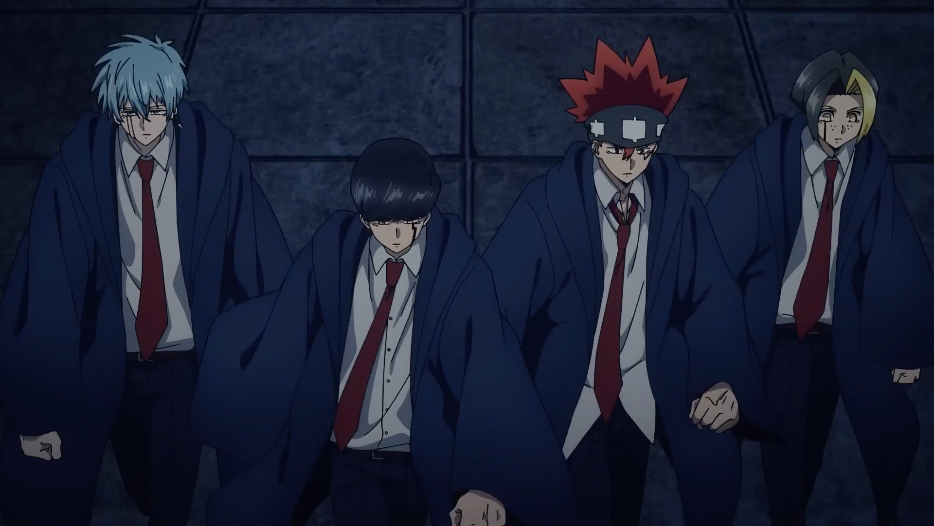 HD wallpaper featuring Mash Burnedead, Lance Crown, and Dot Barrett from Mashle: Magic and Muscles anime, posing in their iconic school uniforms against a dark backdrop.