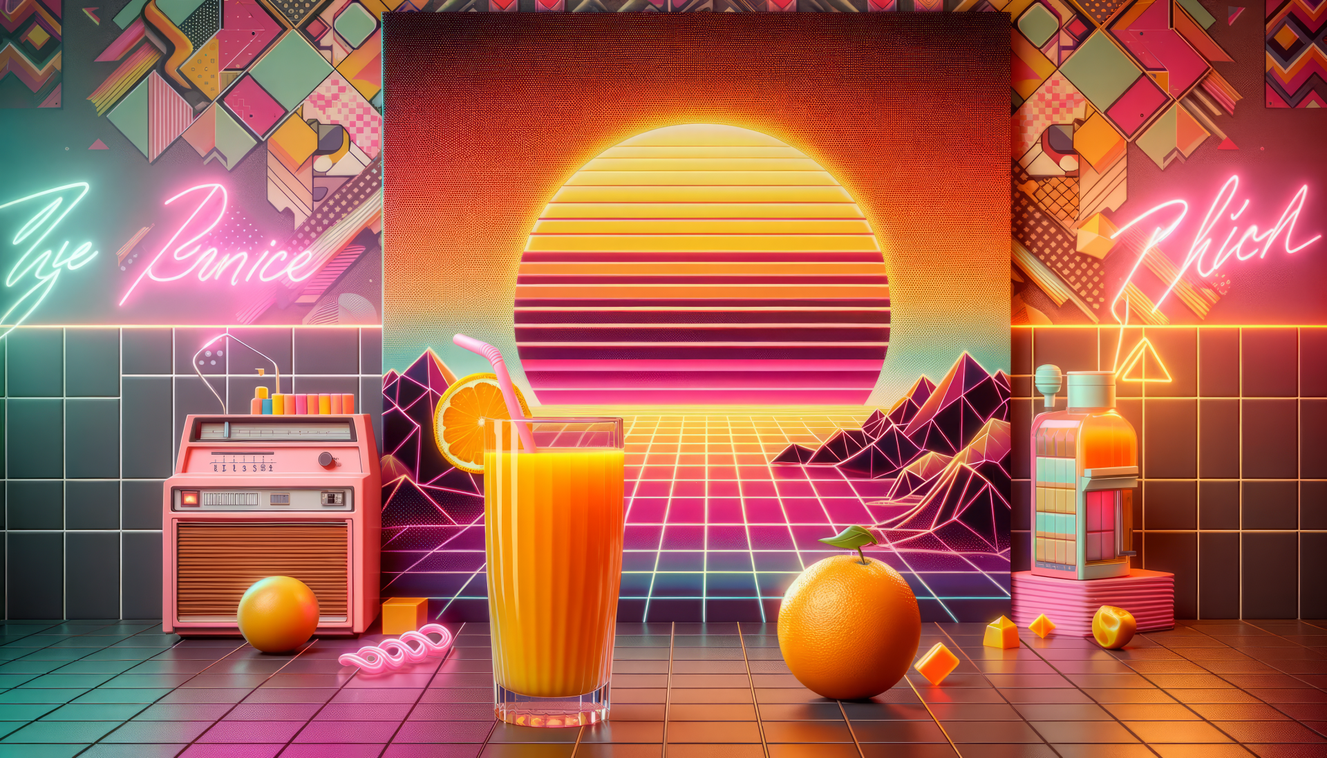 HD desktop wallpaper featuring a vibrant retro-themed design with a glass of orange juice, fresh orange, and neon aesthetics.