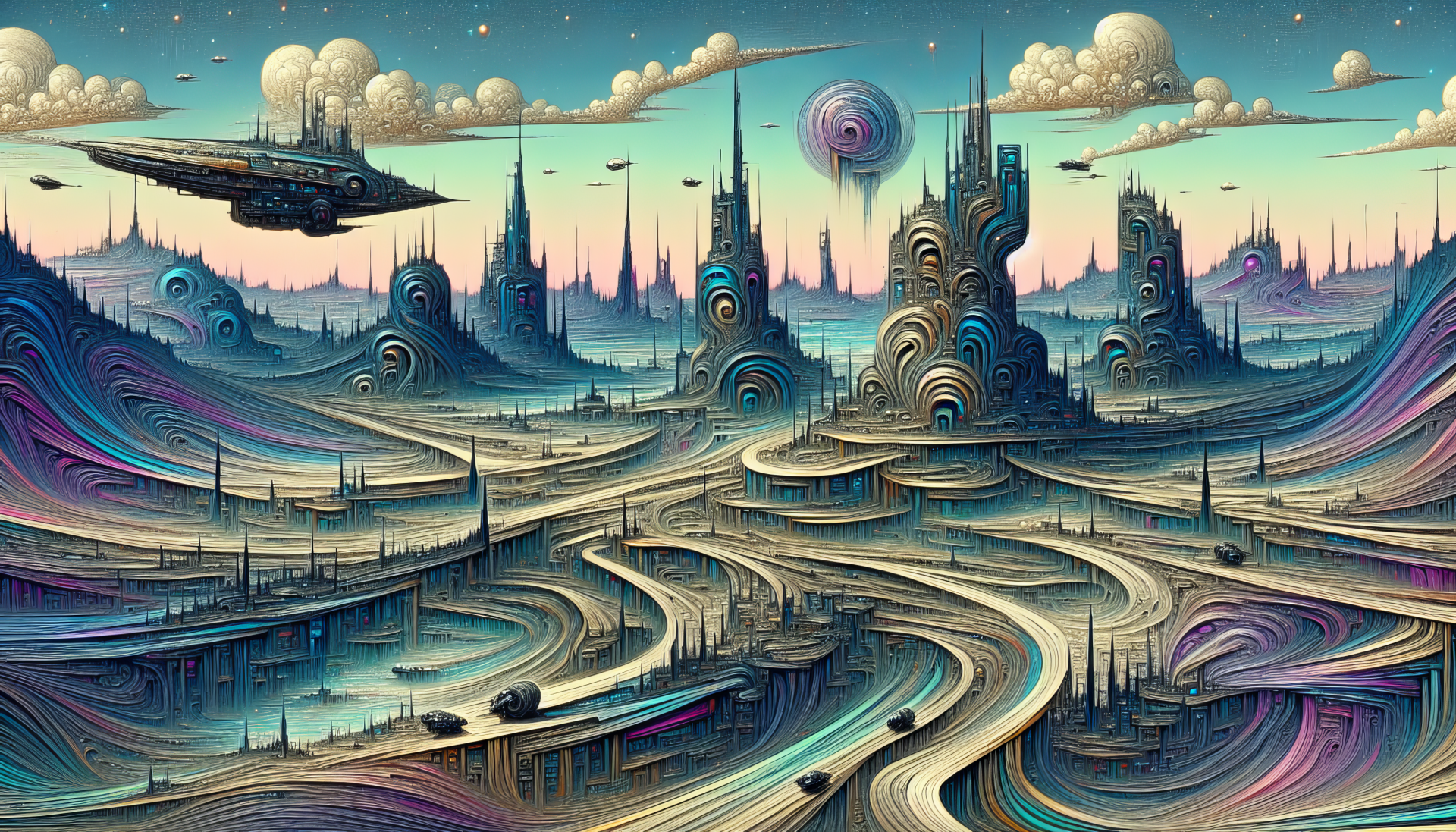 HD science fiction desktop wallpaper featuring a futuristic cityscape with swirling roads and floating vehicles against a surreal sky.