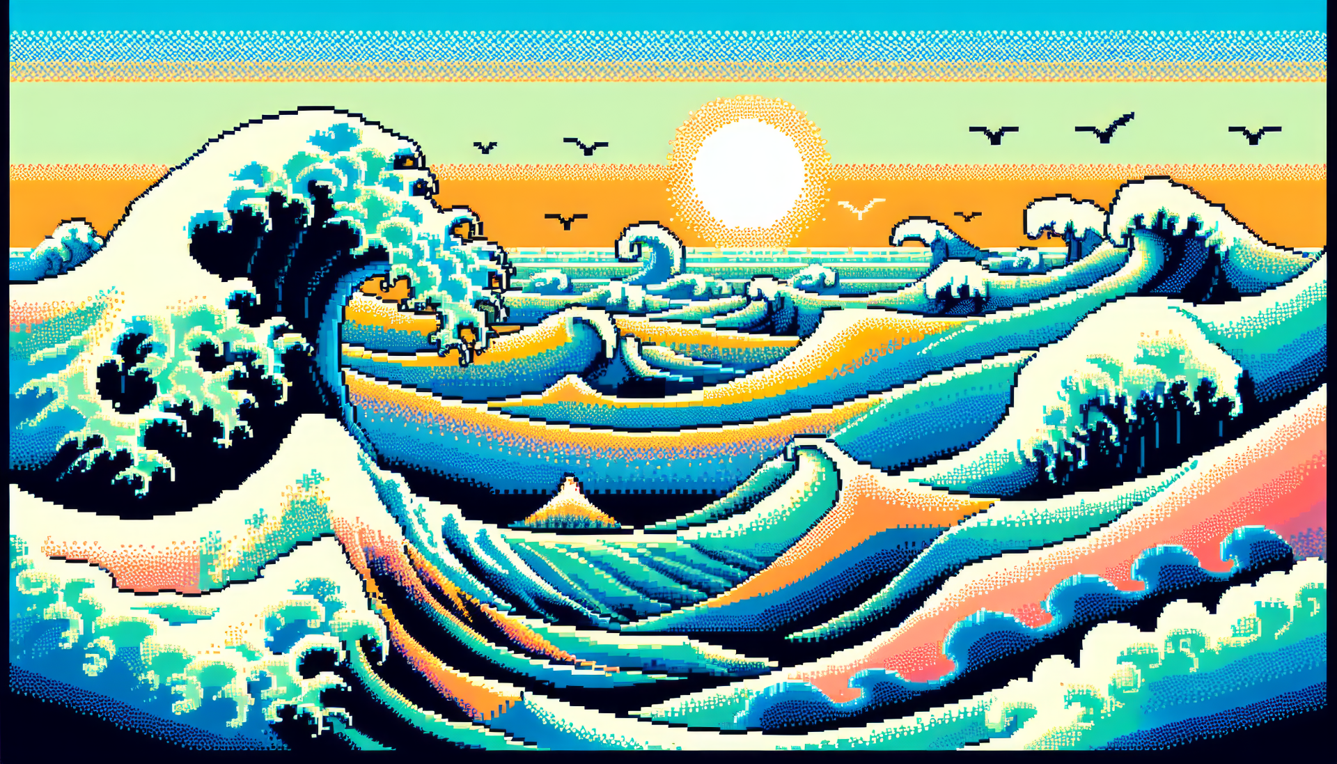 HD wallpaper of a stylized ocean wave under a sunset for desktop background.