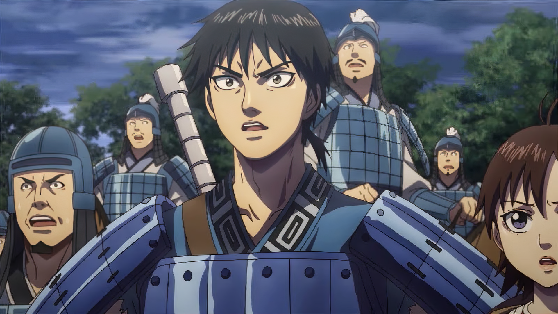 HD wallpaper of Shin from the anime 'Kingdom', with focused soldiers in the background.