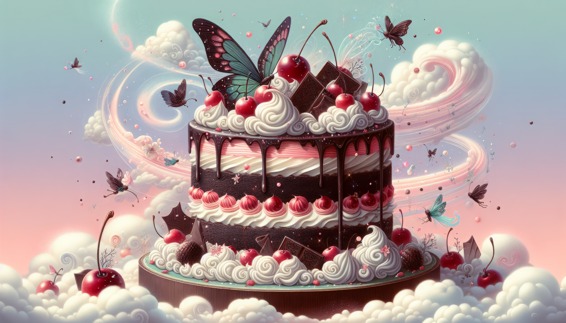 HD Desktop Wallpaper featuring whimsical Black Forest Cake surrounded by butterflies and cherries with a dreamy cloudy background.