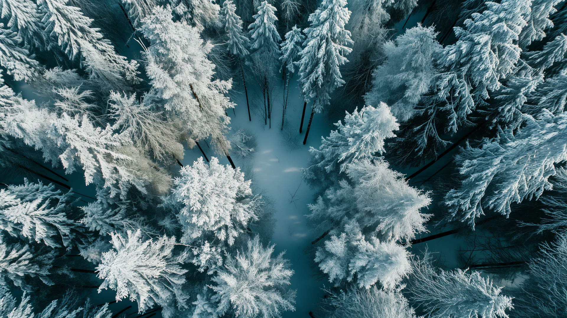 Aerial view of a dense snowy forest in winter, available as a high-definition desktop wallpaper and background.
