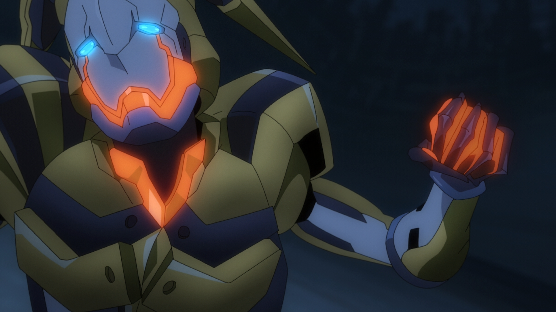 Anime character with metallic armor and glowing red eyes holding a red crystal, HD wallpaper for Metallic Rouge theme.