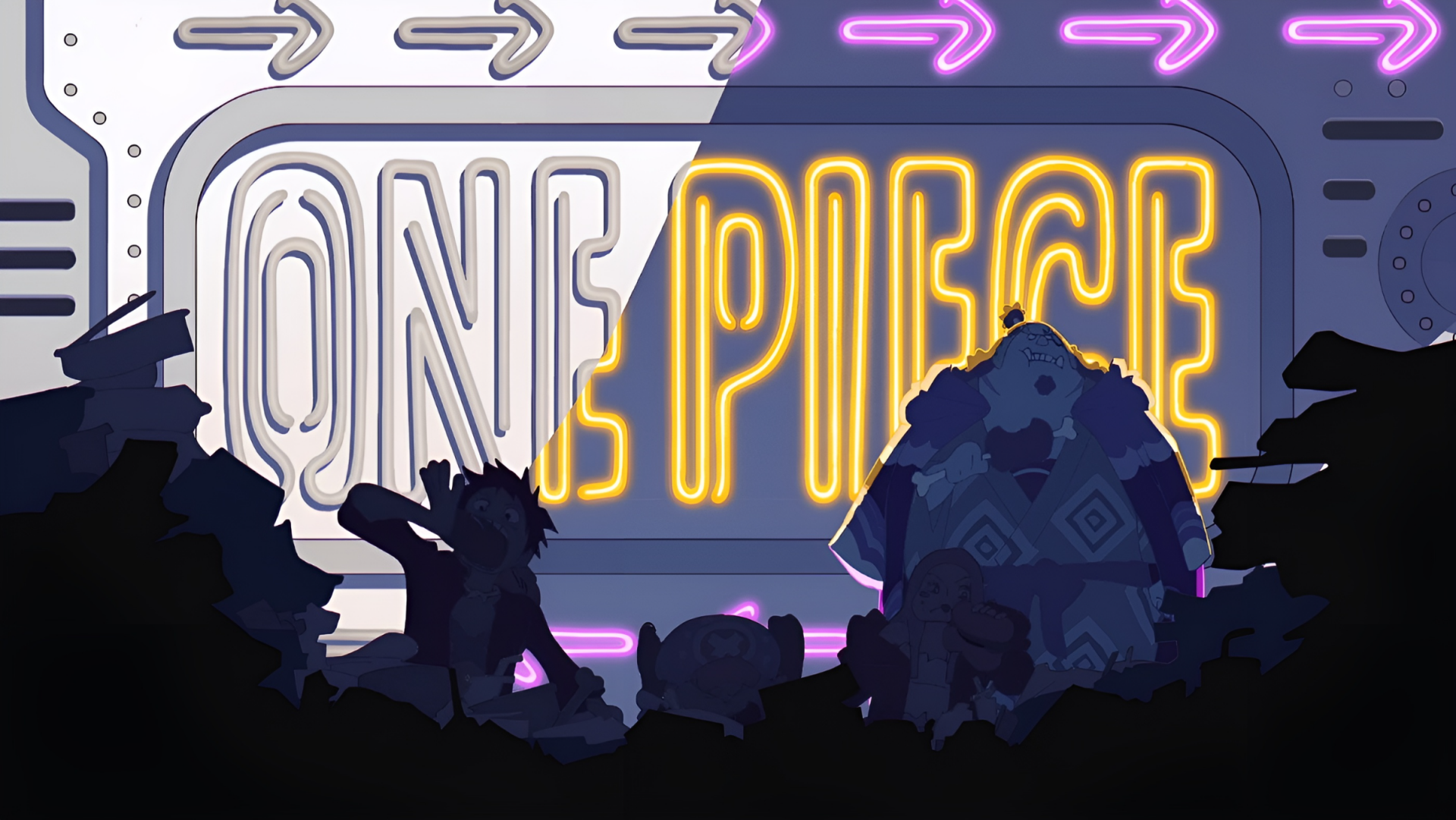 HD PC desktop wallpaper featuring an anime-style One Piece neon sign with silhouettes of characters in the foreground.