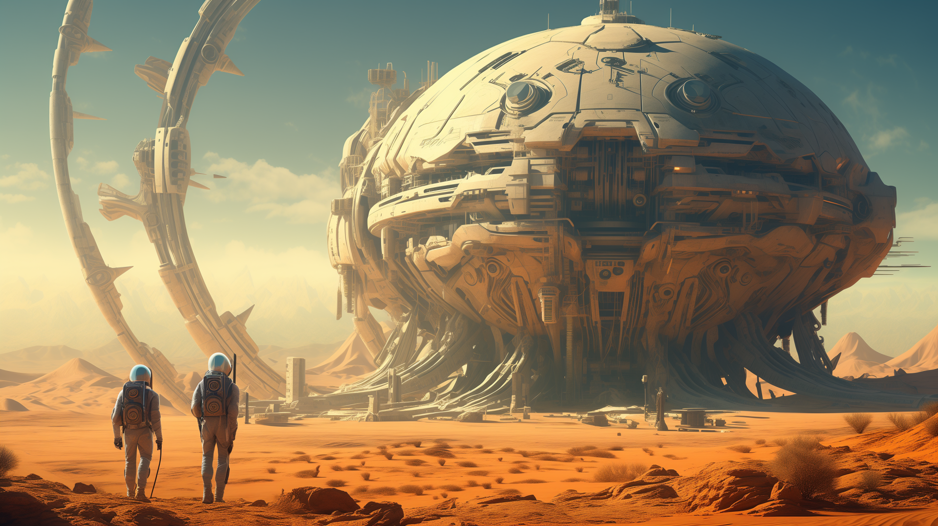 High-definition sci-fi wallpaper featuring astronauts approaching a massive spaceship on a desert planet