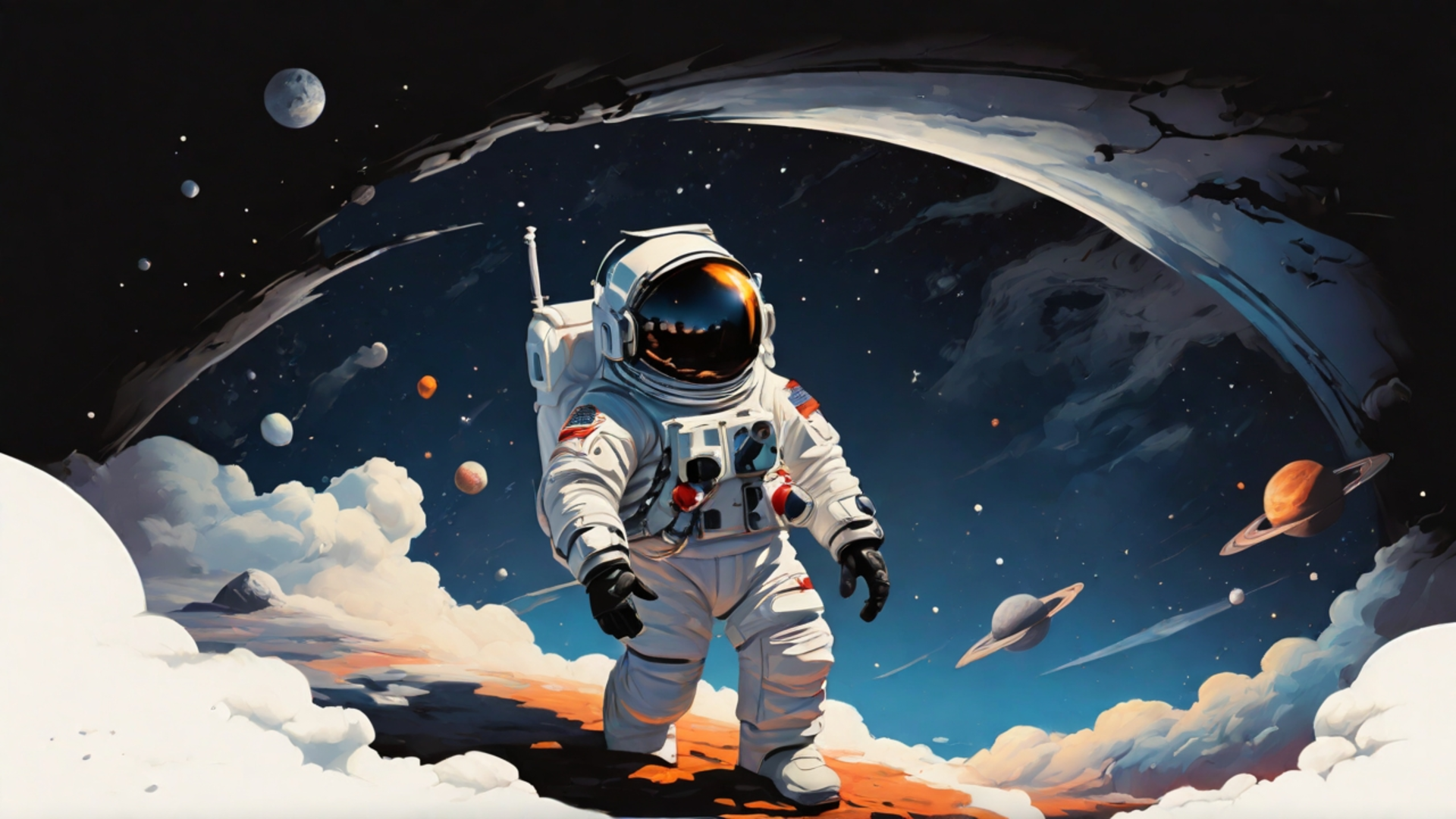HD PC desktop wallpaper of an astronaut standing alone in dark space, surrounded by planets and stars, capturing the vast universe and a sense of loneliness.