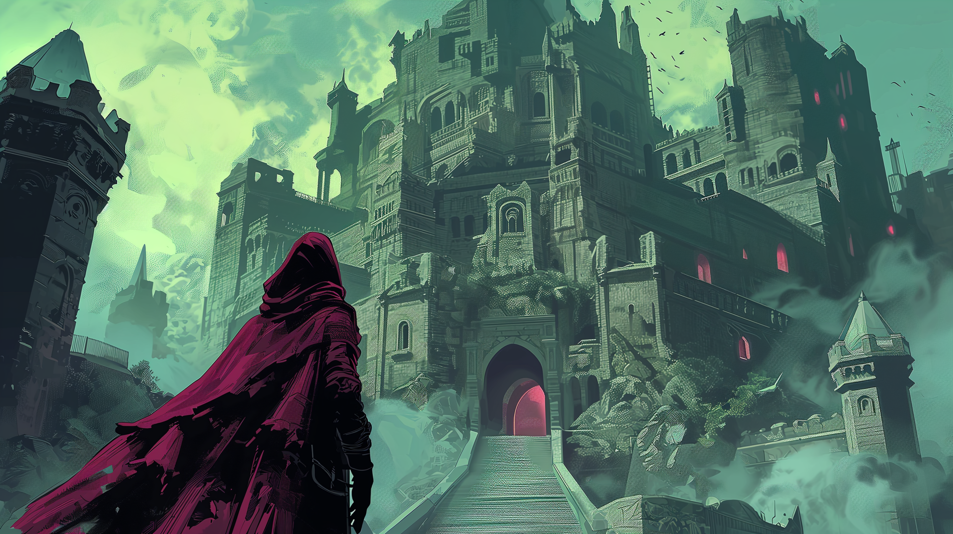 A mysterious figure in a crimson cloak stands before an ominous, ancient castle shrouded in mist, embodying the essence of fantasy adventure in this captivating HD wallpaper.
