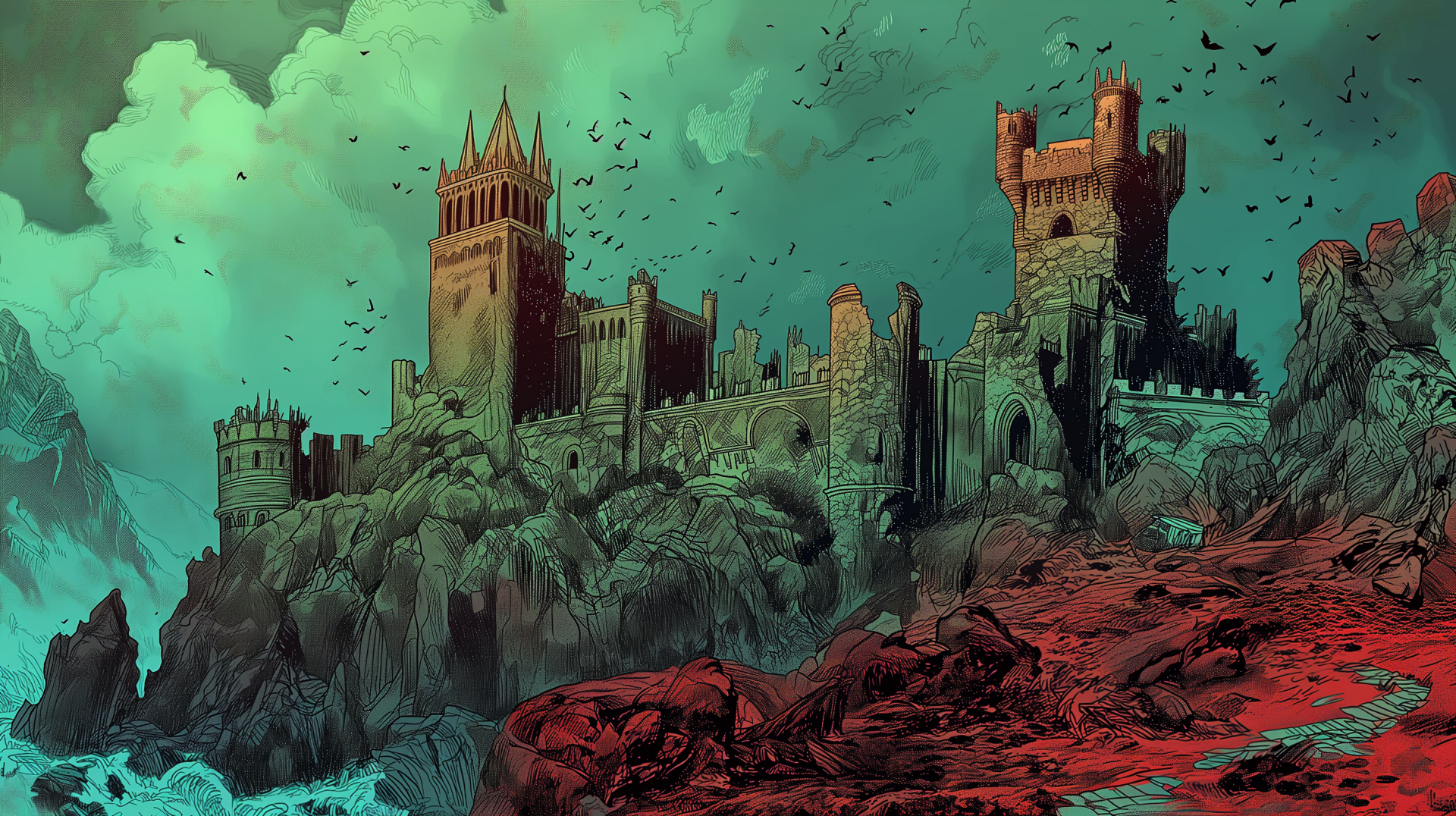 A mystical fantasy ruin, this HD desktop wallpaper showcases a grand fortress atop rugged rock, surrounded by dark clouds and a flock of birds, creating an eerie atmosphere.