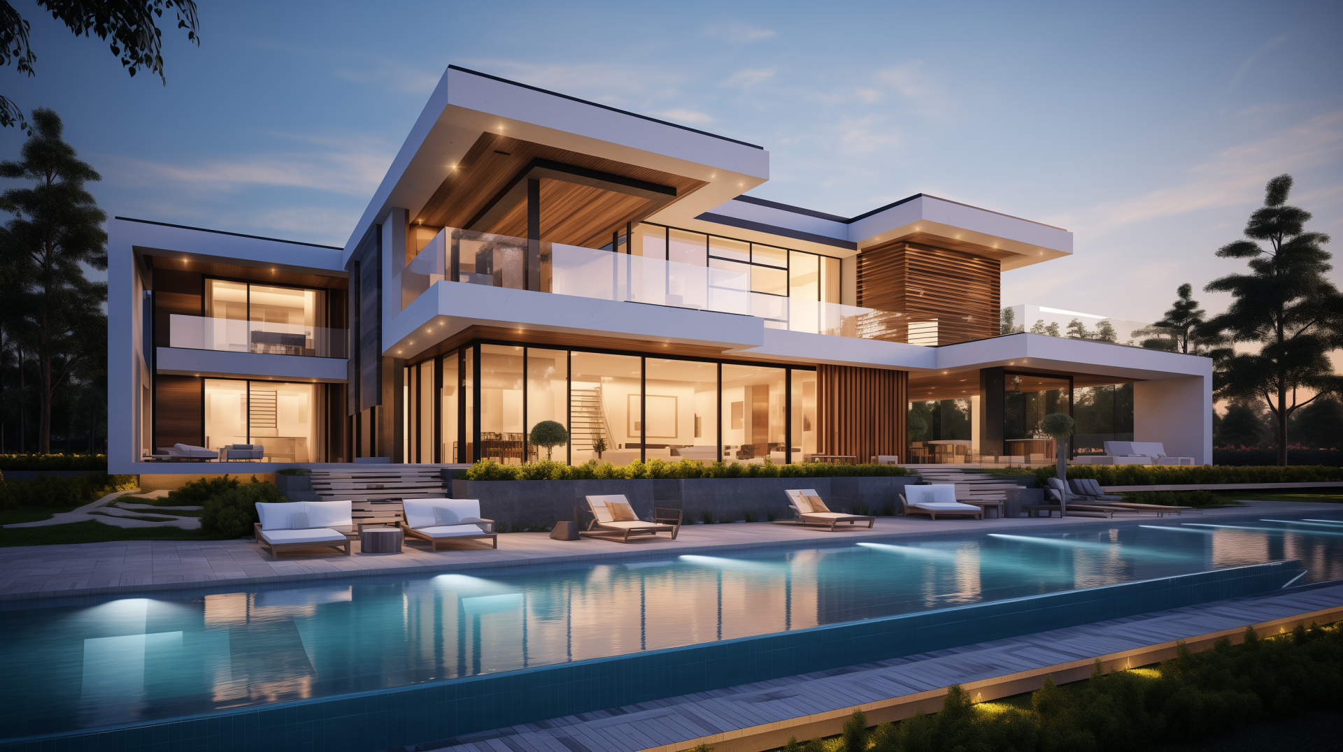 A luxurious modern home with sleek architecture, expansive glass windows, and a serene pool area, creating an inspiring HD desktop wallpaper and background.