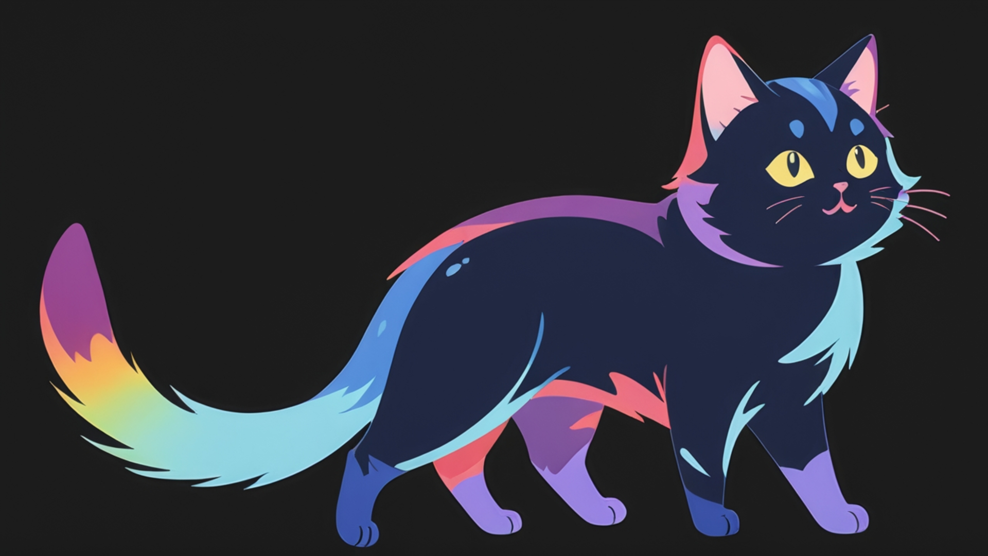 Colorful digital drawing of a dark cat with bright yellow eyes on a black background, designed as a HD PC desktop wallpaper and background.