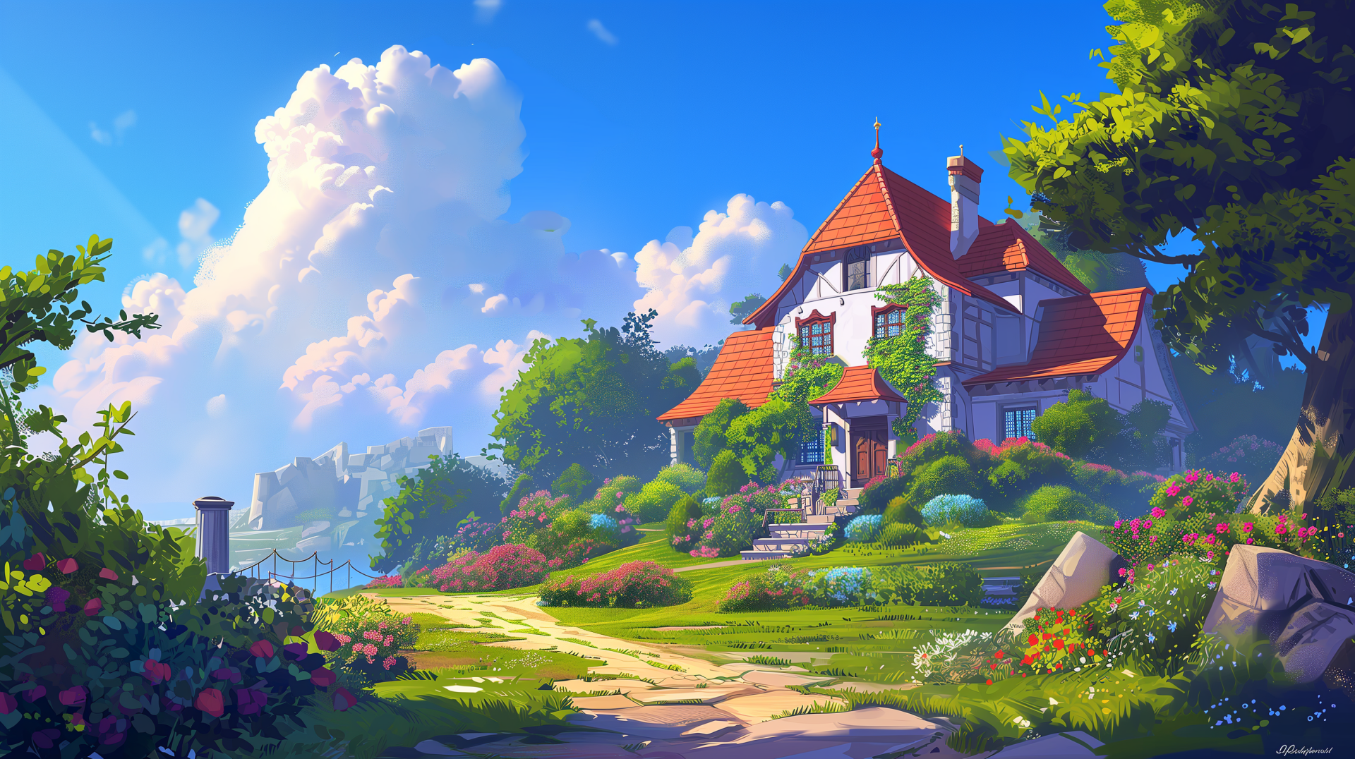 HD wallpaper of a charming dream home amidst lush gardens under a clear blue sky.