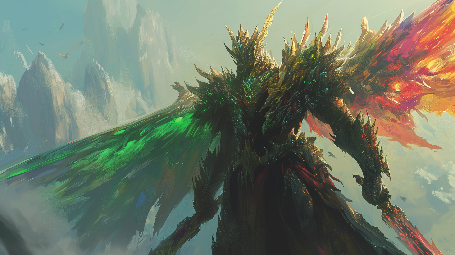 Fantasy knight in armor with fiery wings standing against a mountainous backdrop, HD desktop wallpaper.