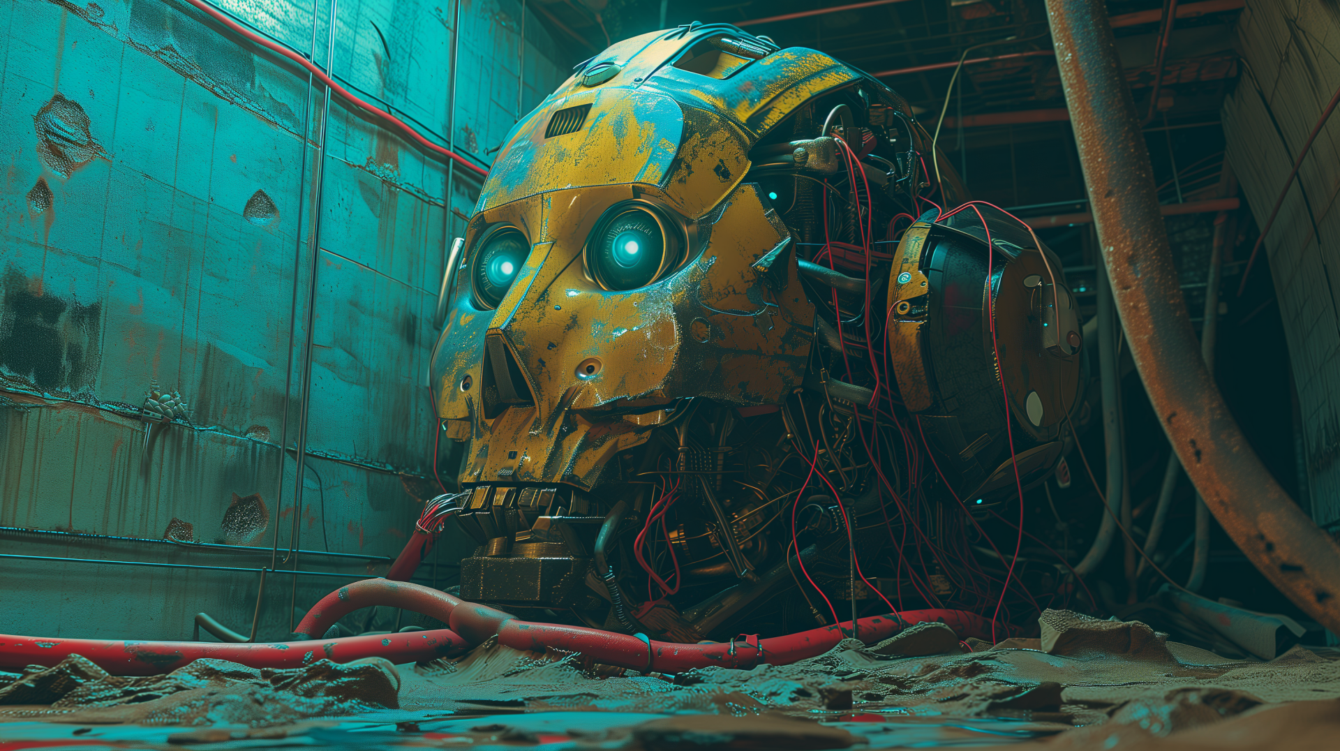 HD desktop wallpaper featuring a detailed sci-fi artificial intelligence robot head in a futuristic environment.